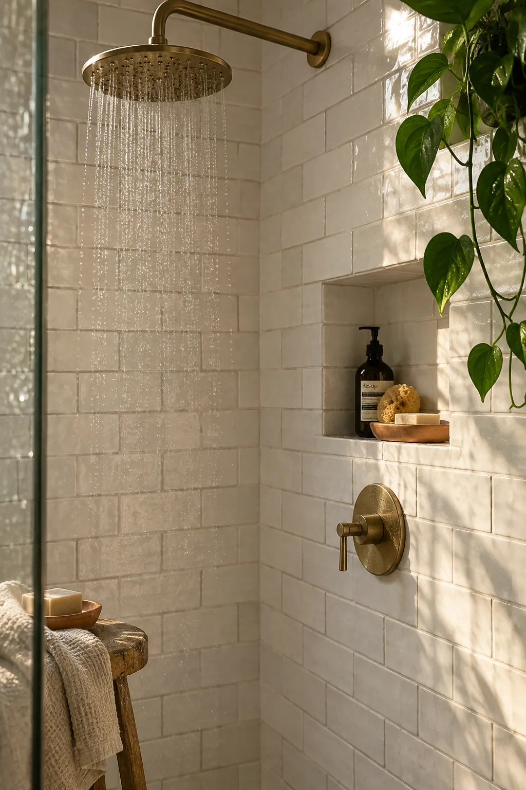 A small wet room completely covered in white subway tile with dark grout from floor to ceiling