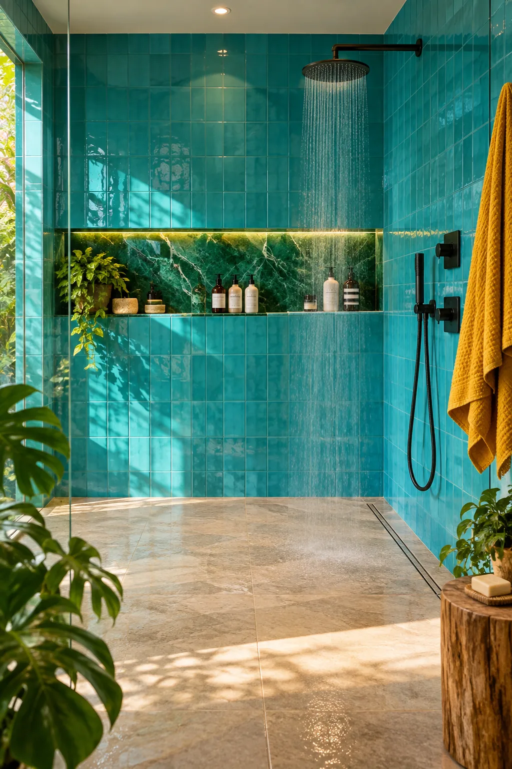 A long horizontal shower niche built into a tiled wall, filled with matching soap bottles