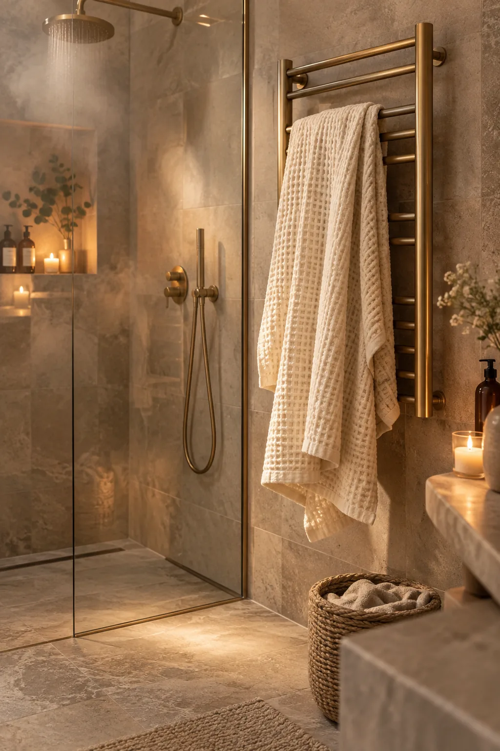 A sleek matte black hardwired towel warmer mounted on a tiled bathroom wall
