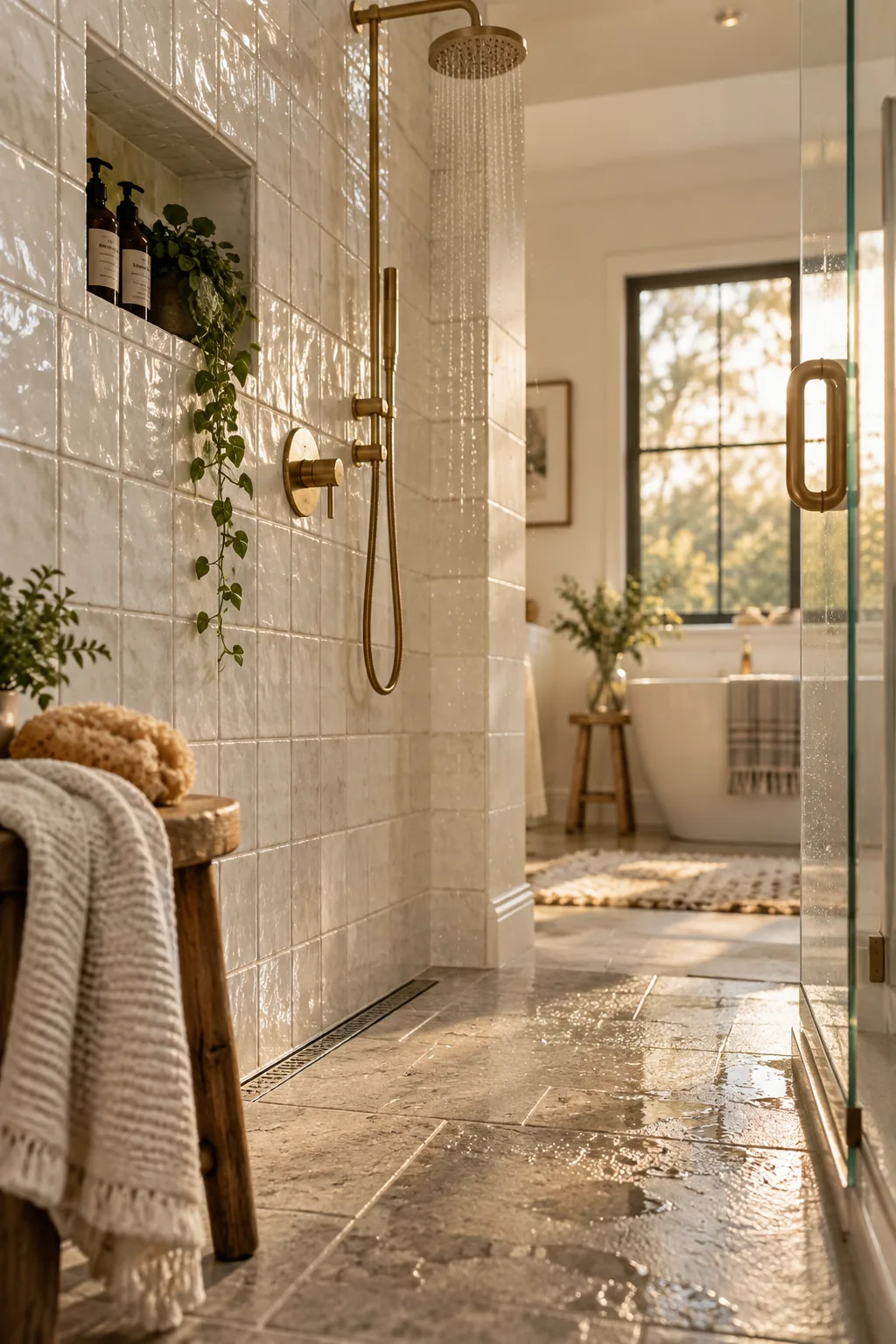 Close up of white shower tiles with warm gray grout