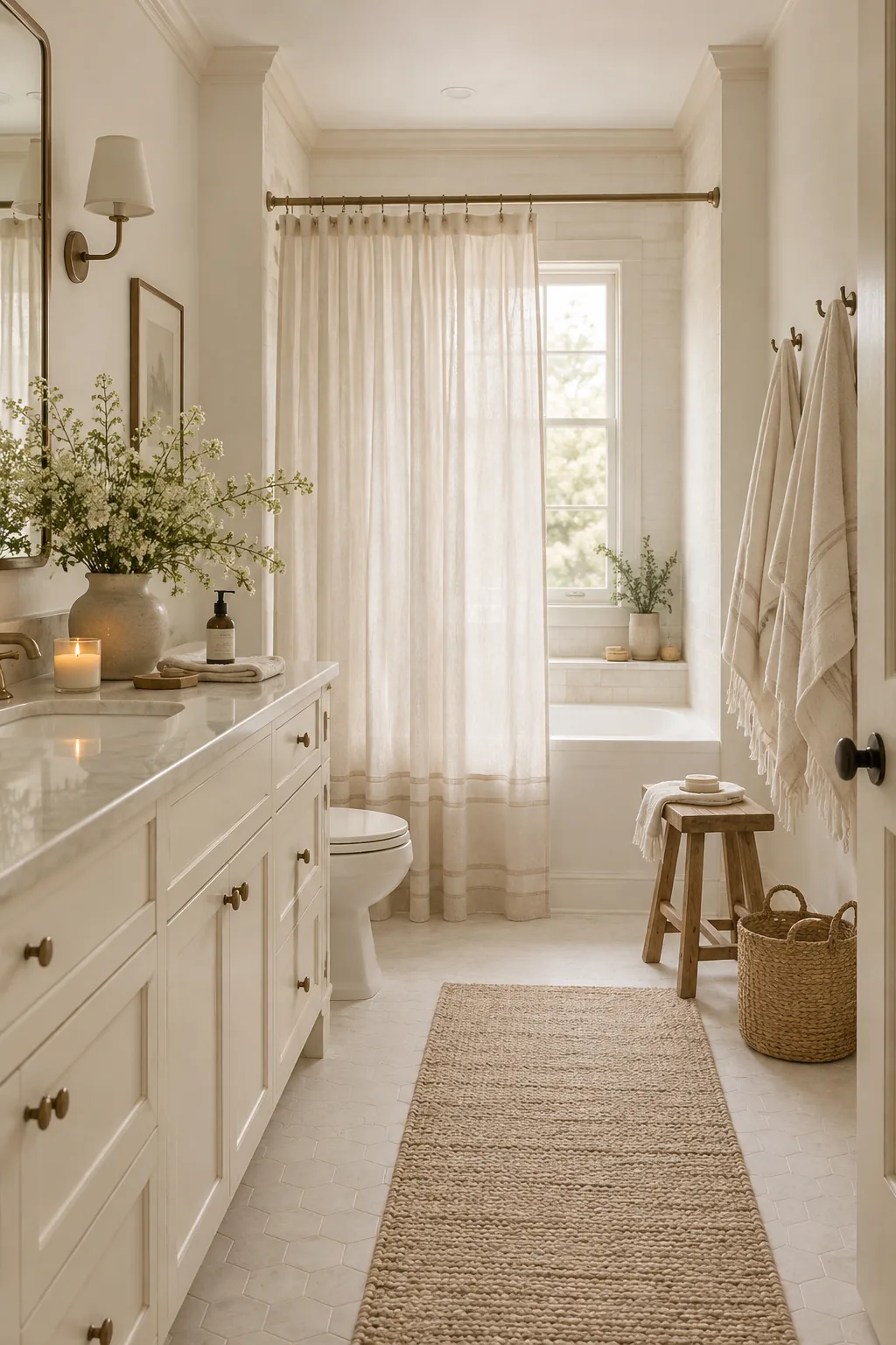 Bathroom corner showing bright white walls contrasting with creamy beige baseboards