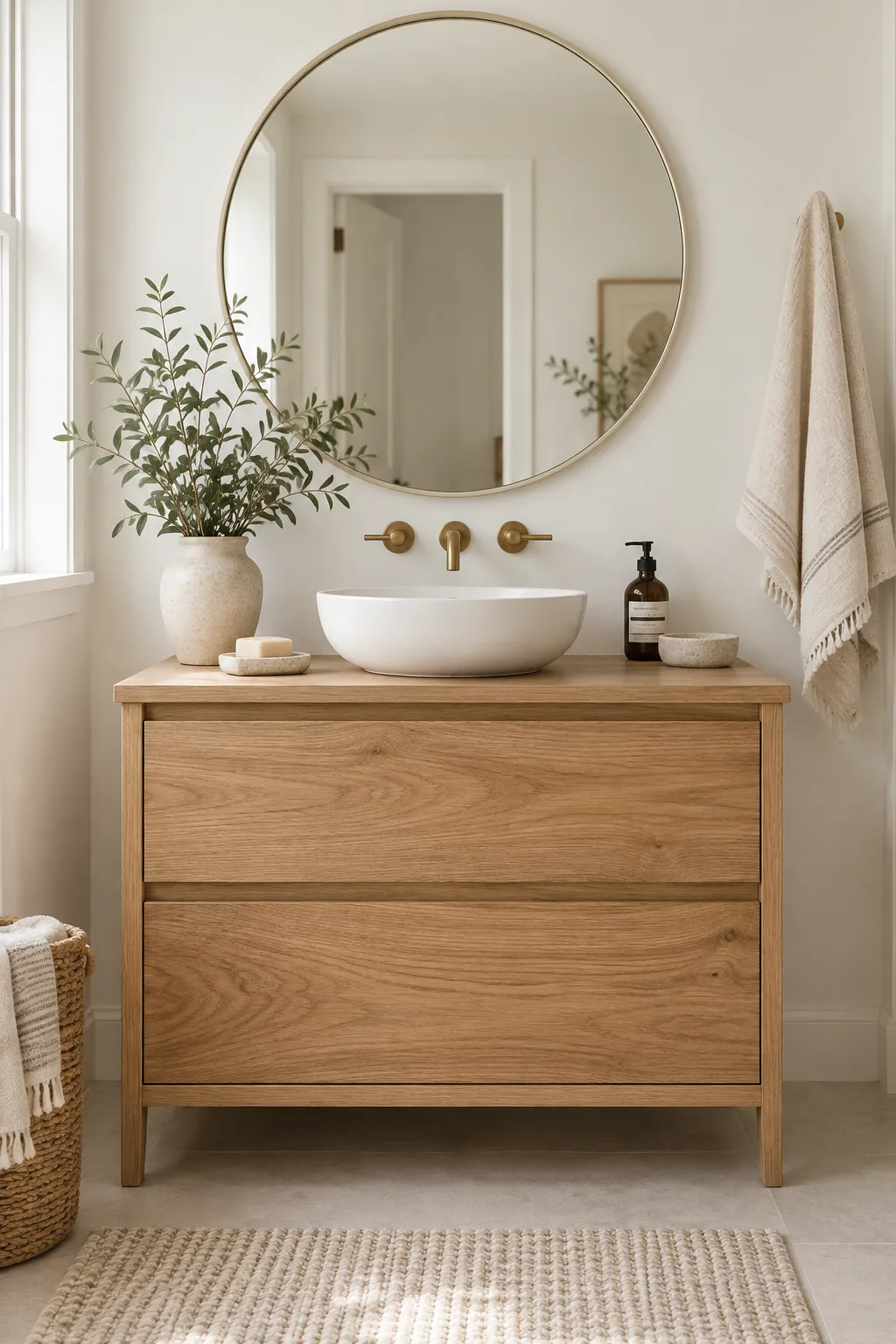 Natural oak wood vanity floating against a stark white bathroom wall