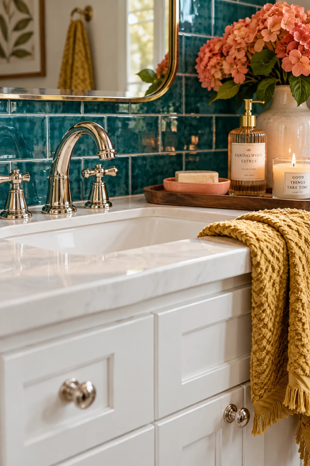 Polished nickel faucet installed on a white marble countertop