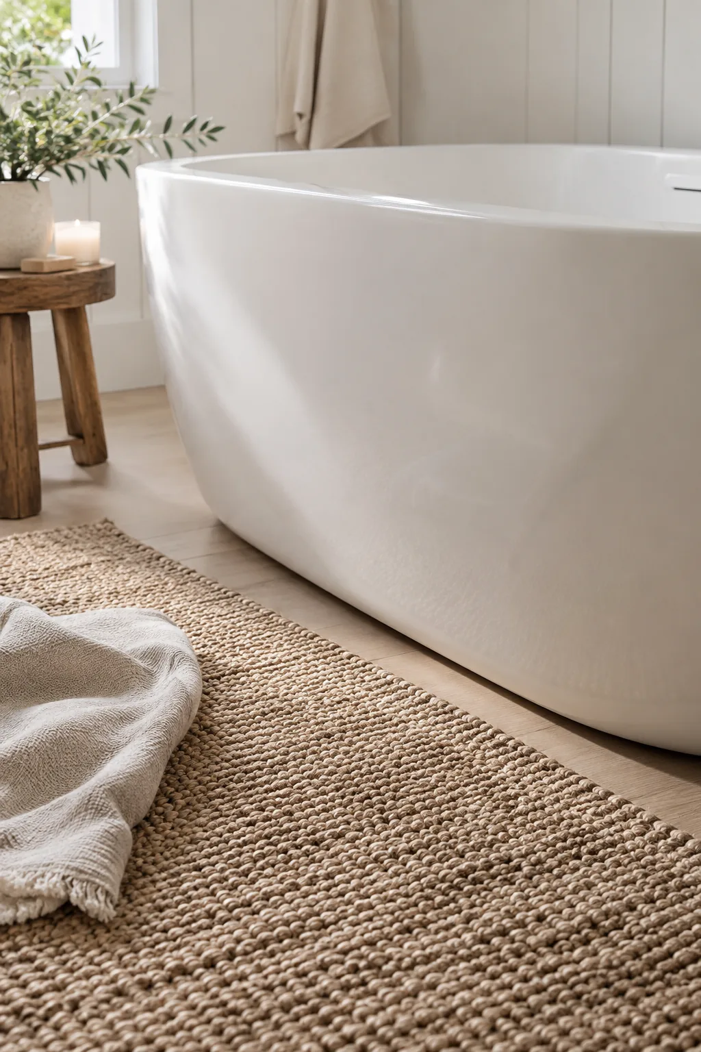 White freestanding tub pulled away from the wall with a jute rug in front