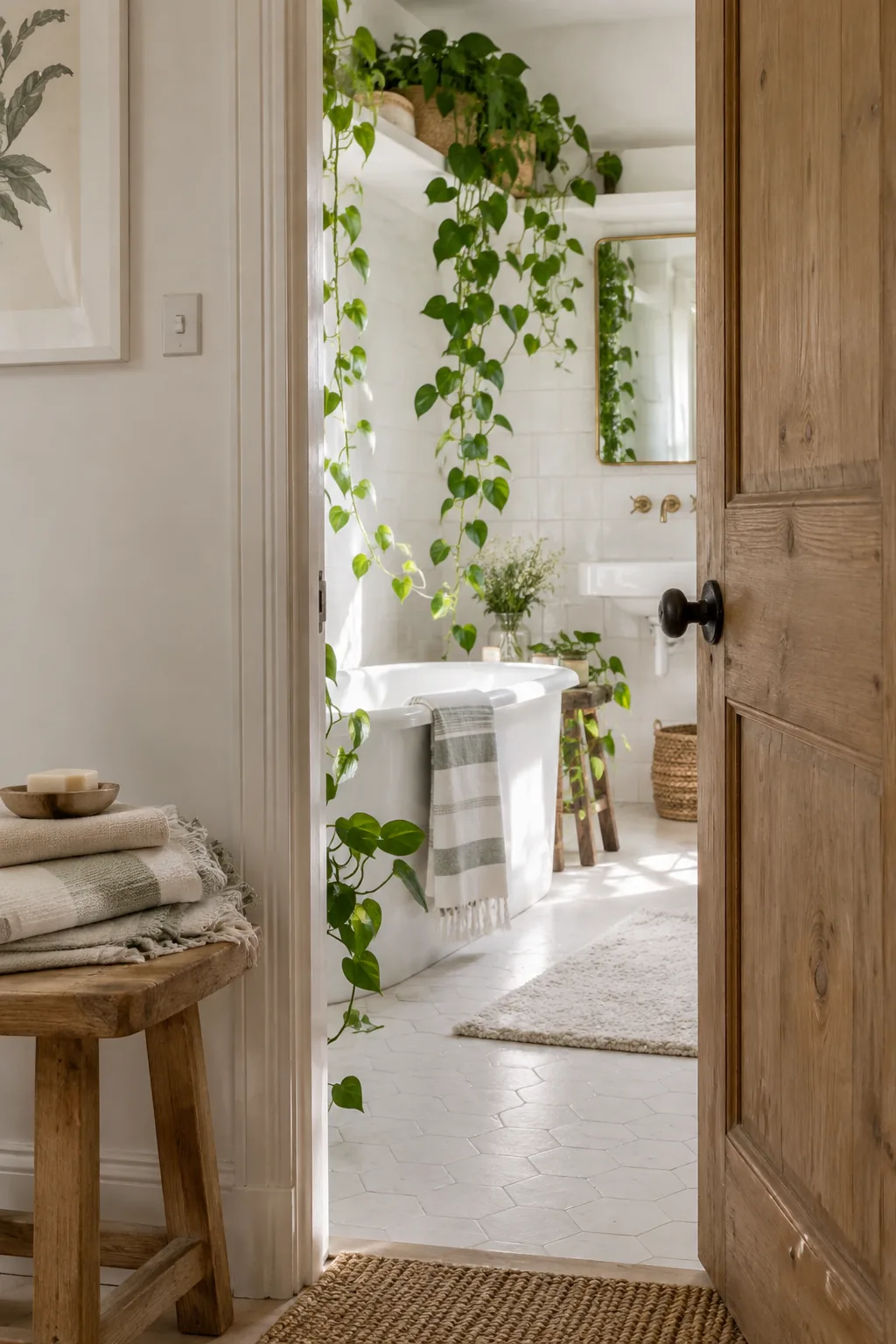 Lush trailing pothos plant sitting on a wooden shelf in a white bathroom