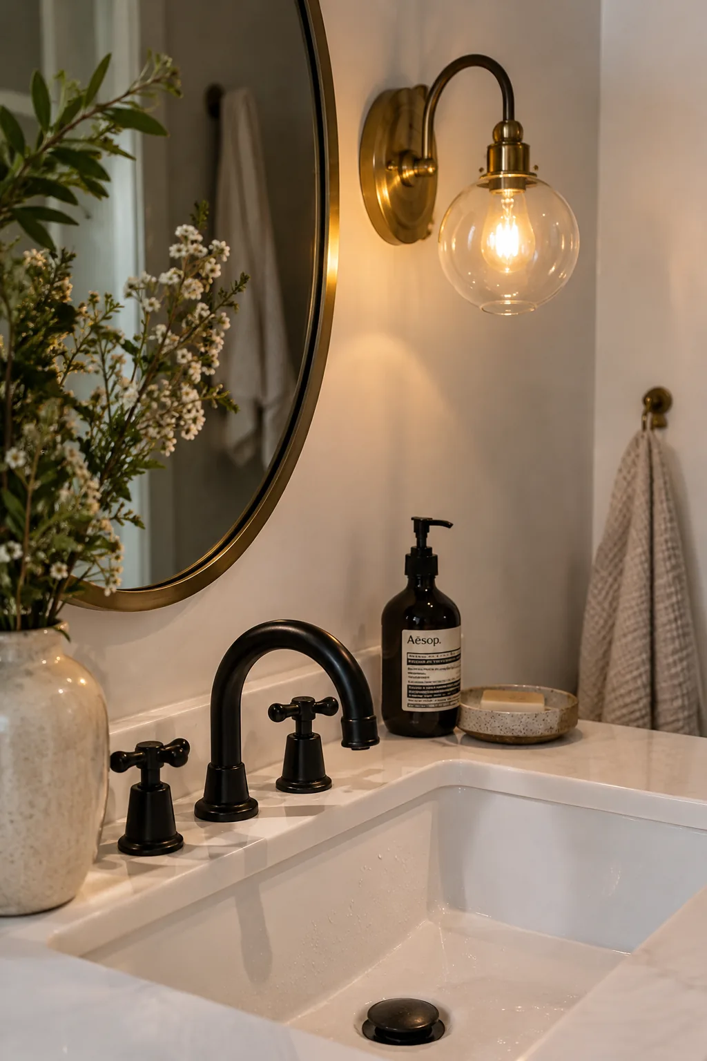 Bathroom sink area featuring a matte black faucet and unlacquered brass wall sconces