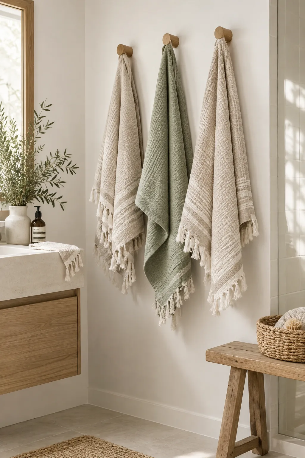 Textured Turkish towels with fringe hanging on wooden wall pegs against a white wall