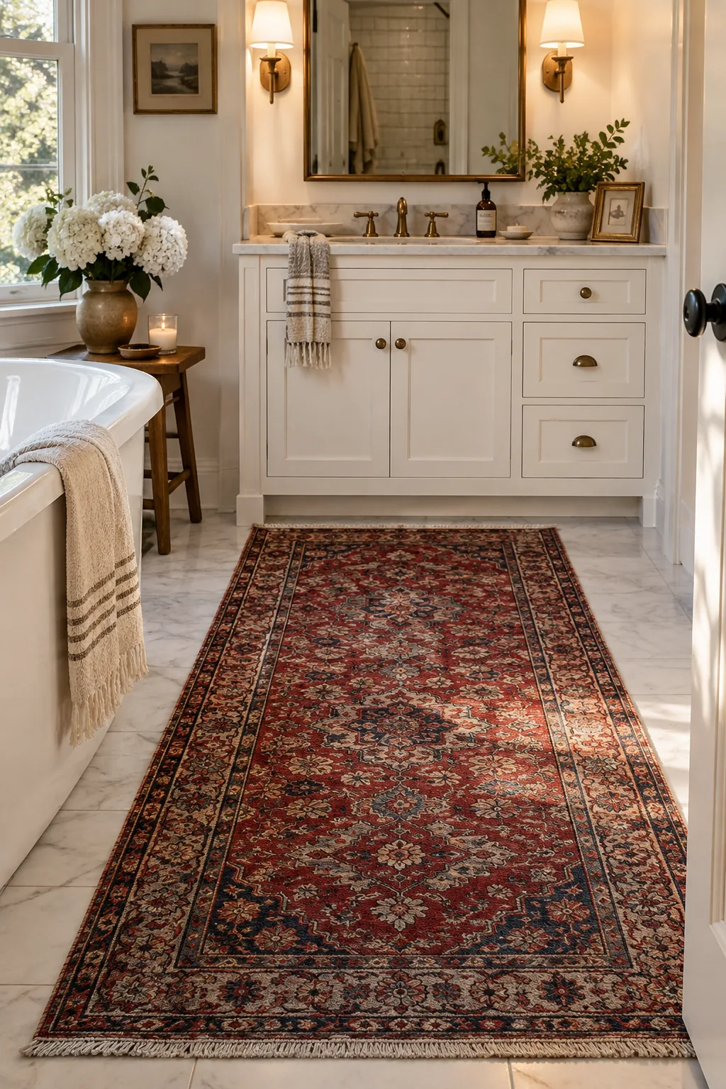 Faded red and blue vintage Persian runner rug on a white hex tile floor