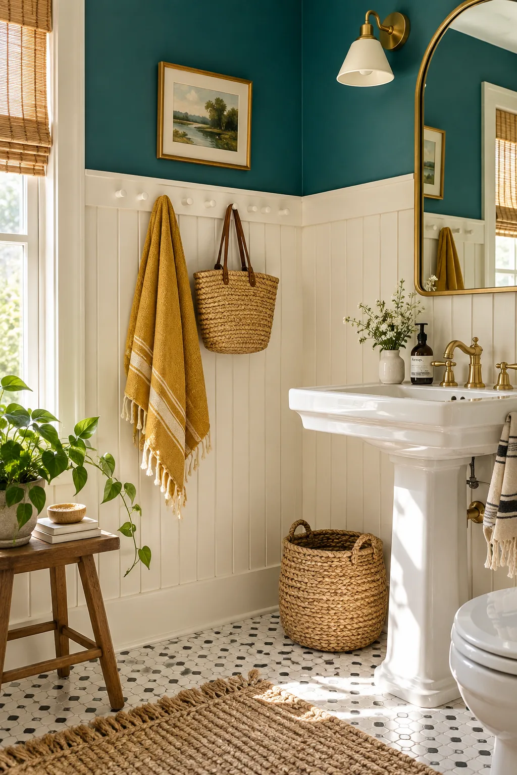 Creamy white V-groove wainscoting with a peg rail in a bright bathroom