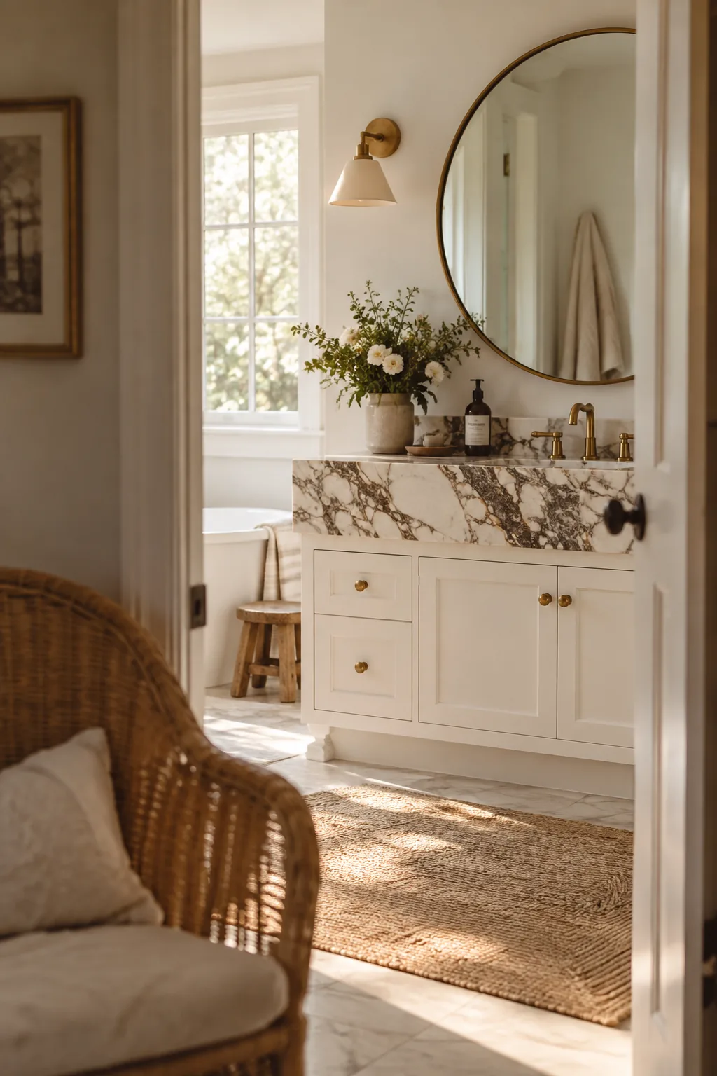 White bathroom vanity topped with heavily veined dark gray and white marble