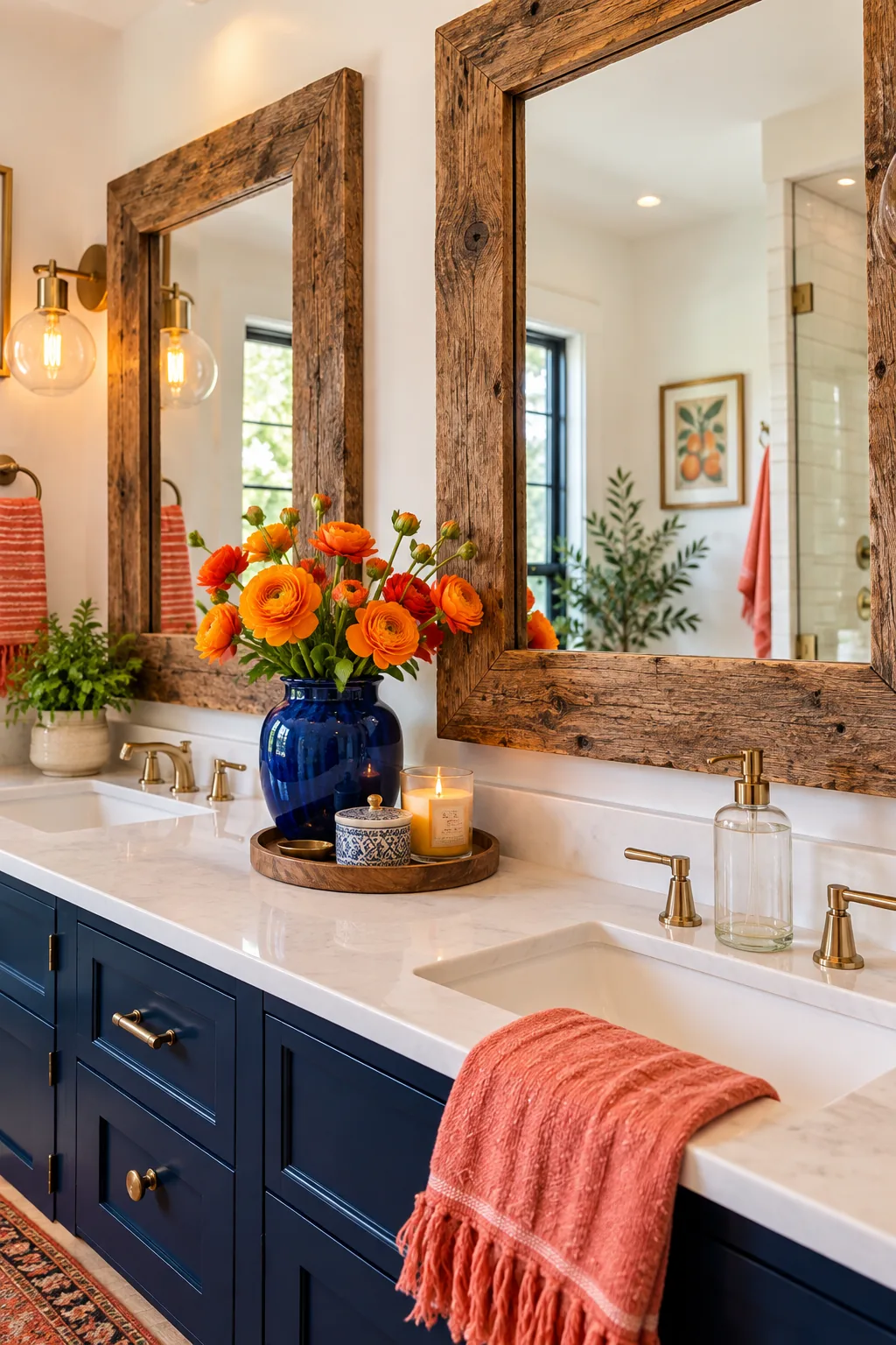 Chunky reclaimed wood mirror hanging over a white bathroom sink