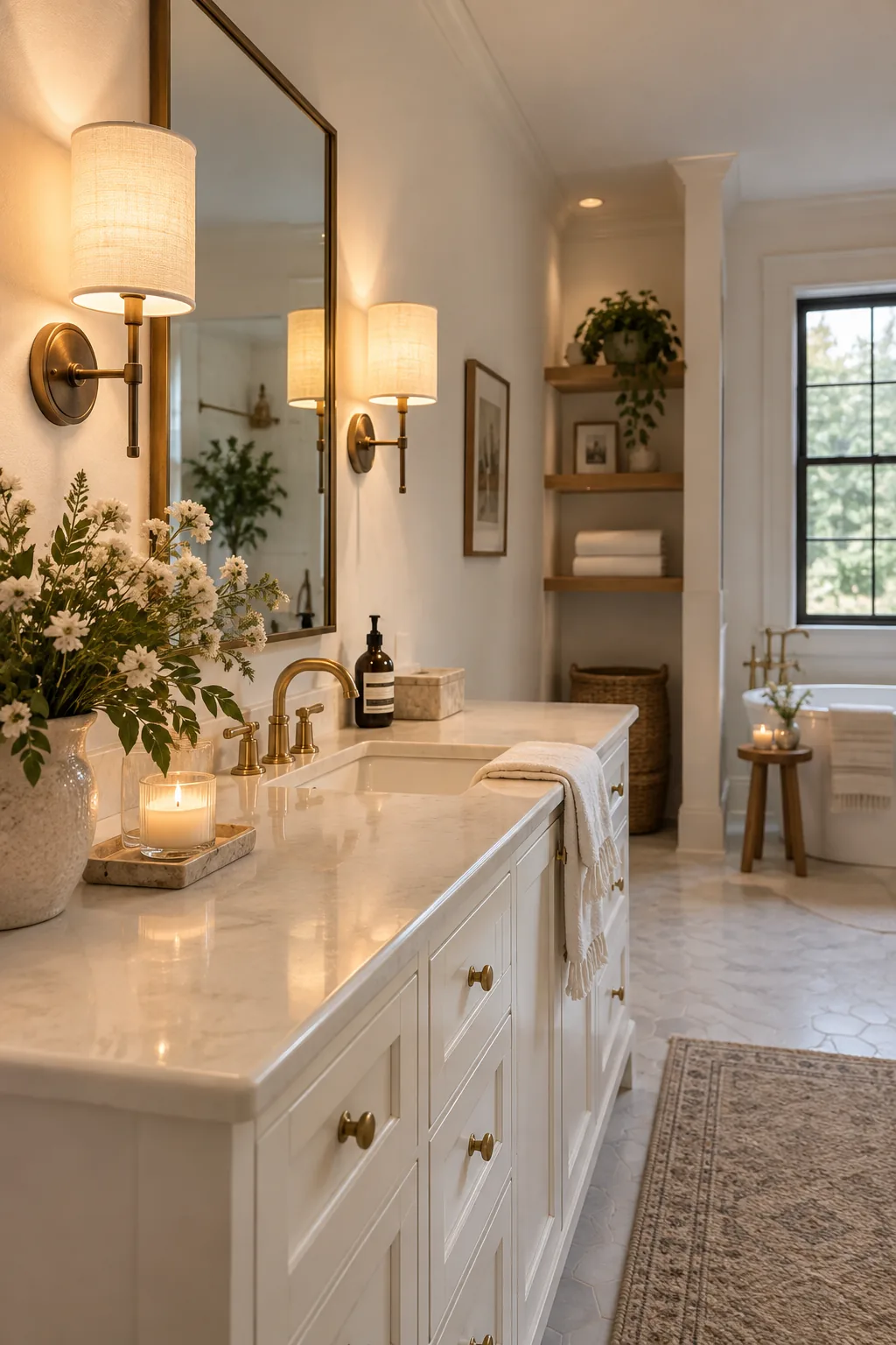 Two brass wall sconces with linen shades flanking a bathroom mirror