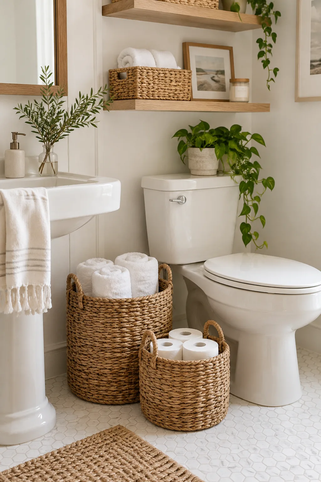 Woven seagrass basket filled with rolled white towels on a bathroom floor
