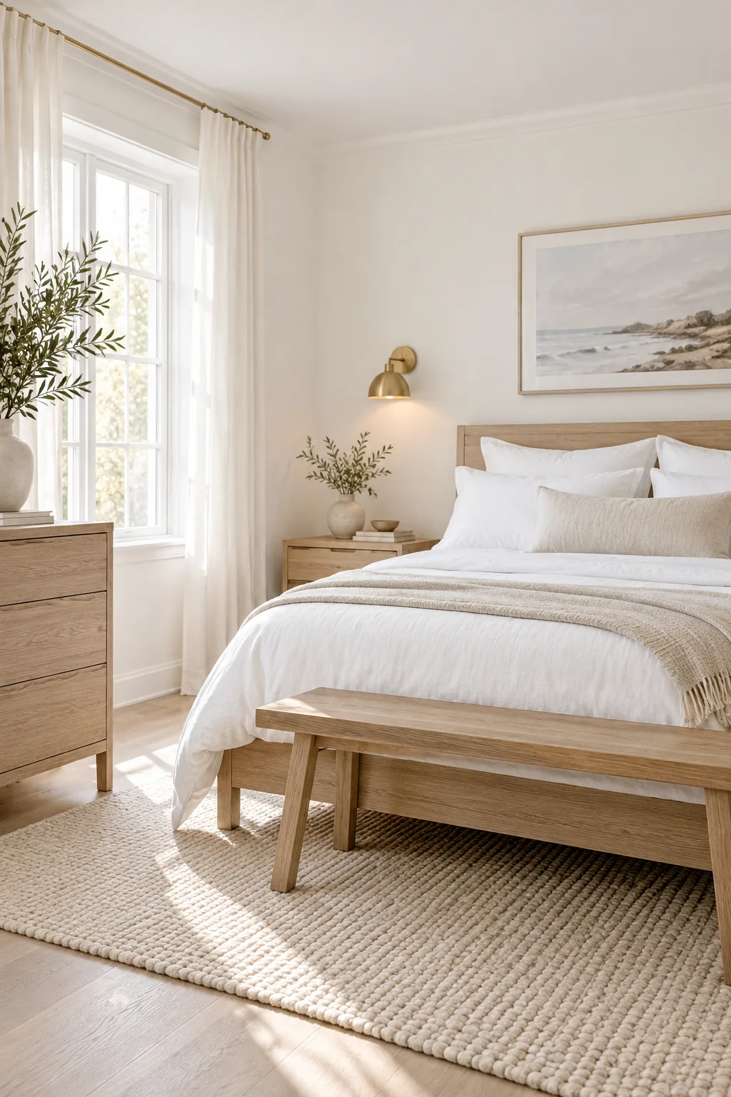 Minimalist Scandinavian bedroom with crisp white walls and ash wood.