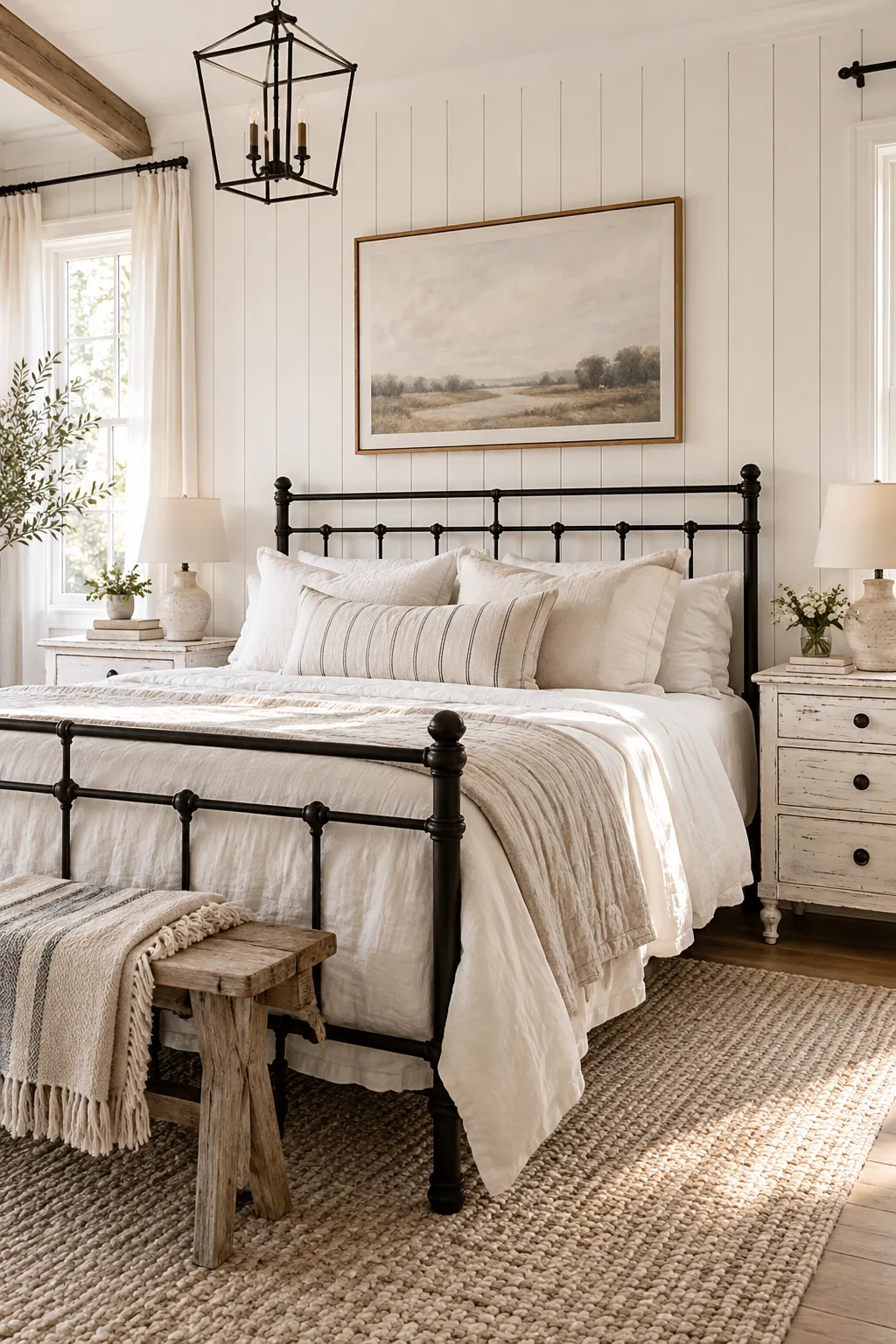 Modern farmhouse bedroom with white shiplap and a black iron bed.