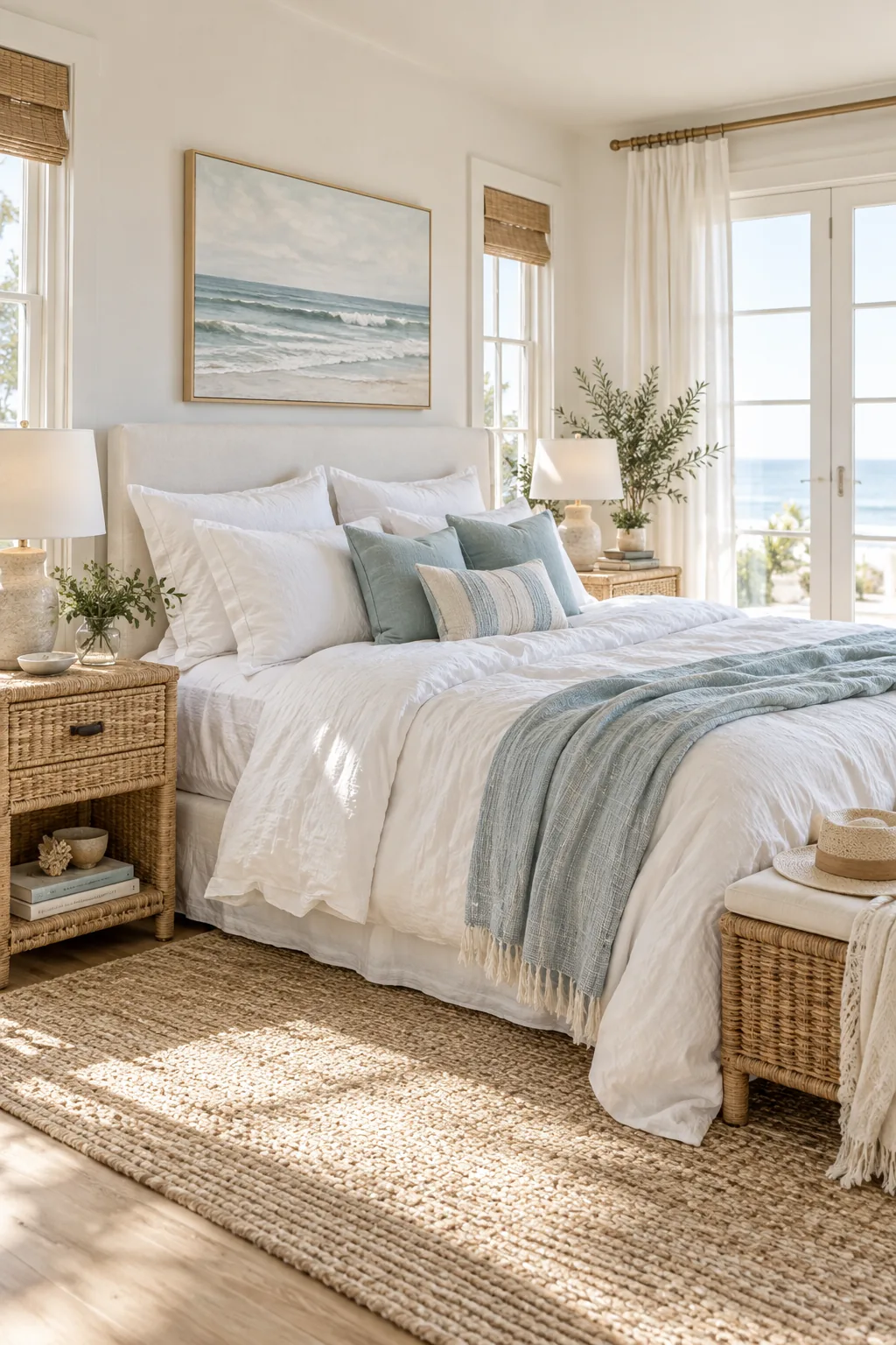 Coastal white bedroom with rattan furniture and sea-glass accents.