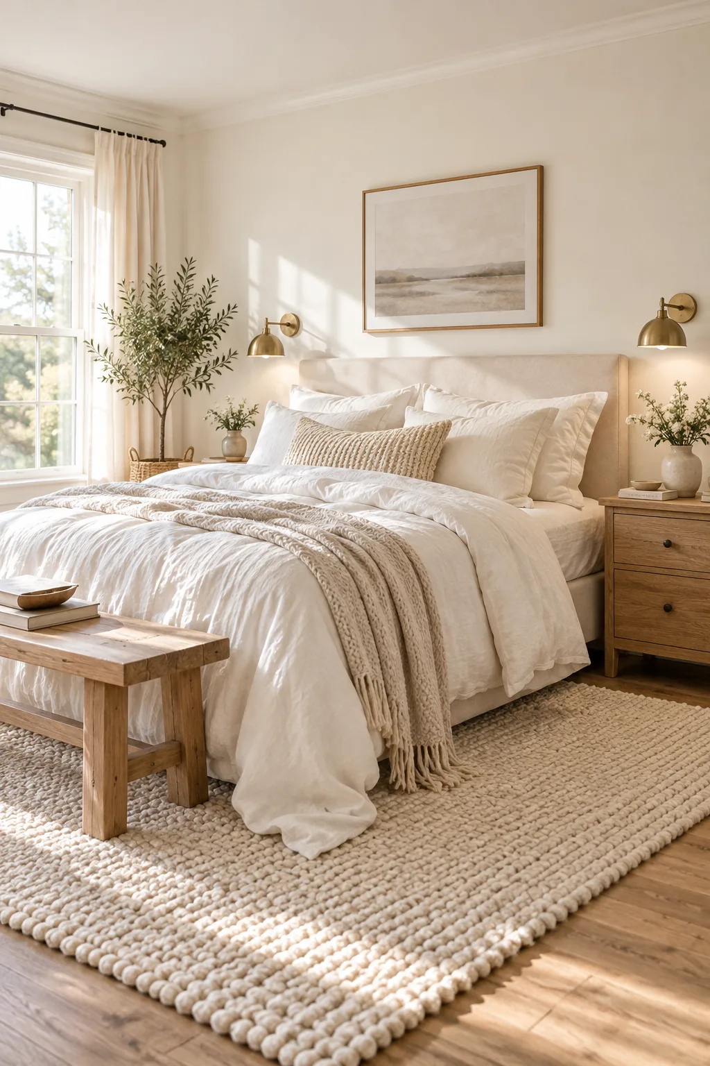 Soft morning light illuminating a creamy white bedroom wall.