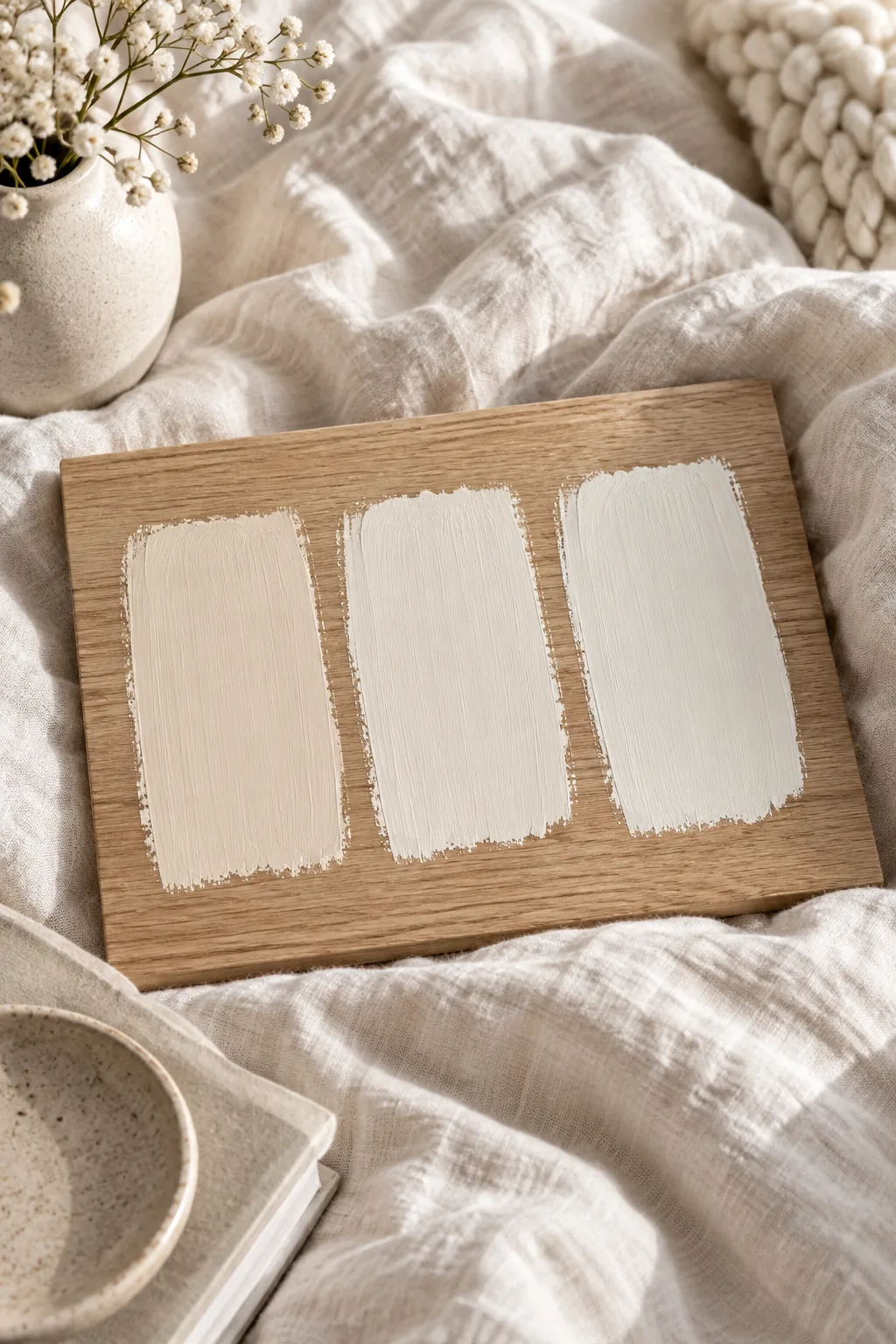 Three warm white paint swatches painted on a raw oak board.