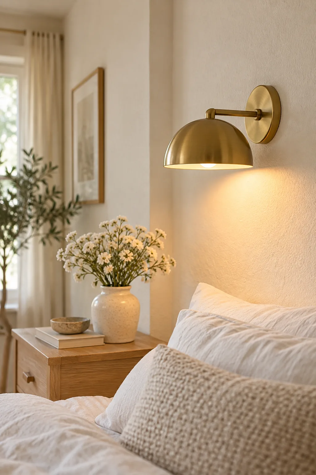 Glowing brass wall sconce mounted on a textured warm white wall.
