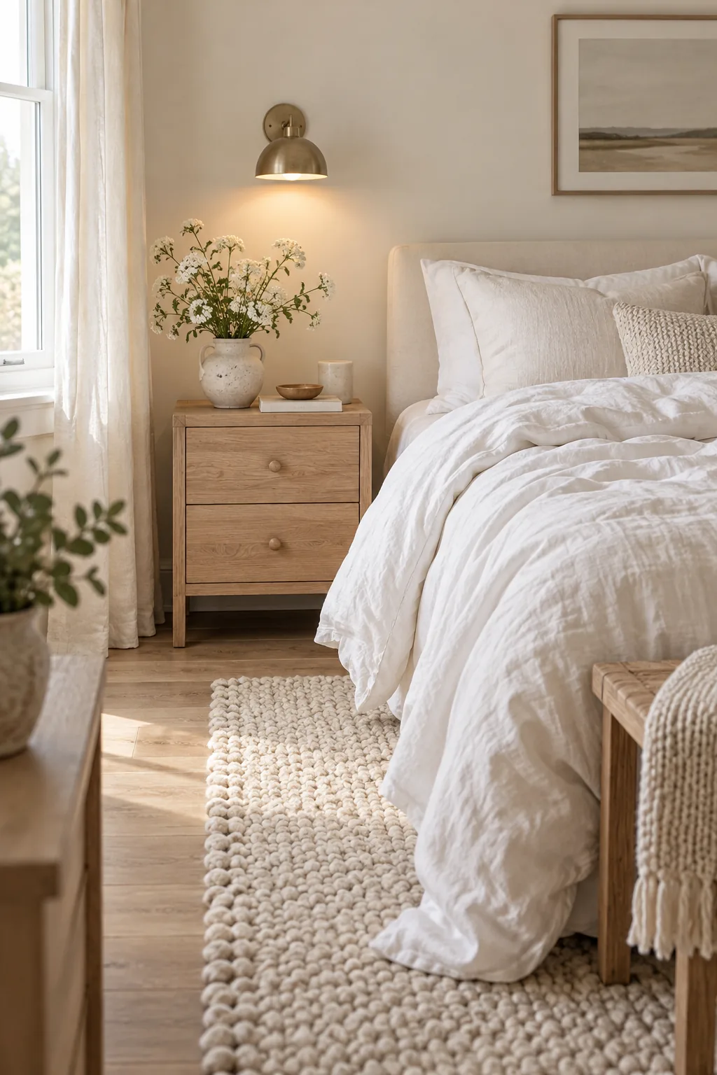 Raw oak nightstand holding a ceramic vase with delicate white flowers.