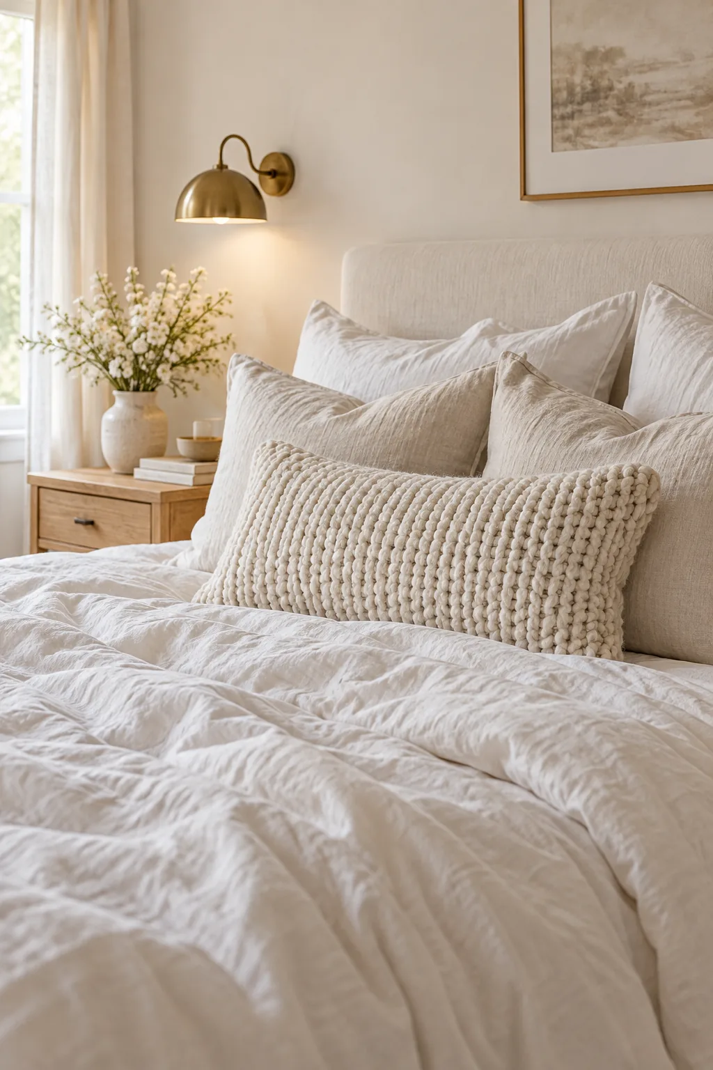 Rumpled white washed linen duvet over a cozy bed.
