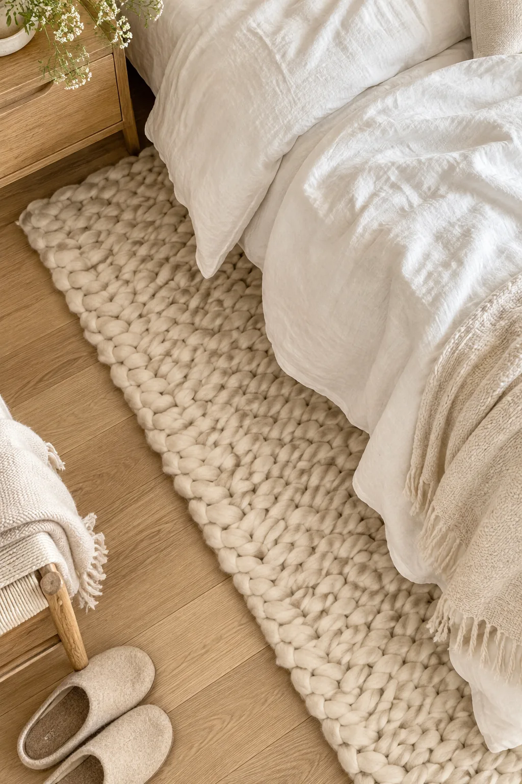 Layered bed pillows featuring a chunky knit lumbar over linen shams.