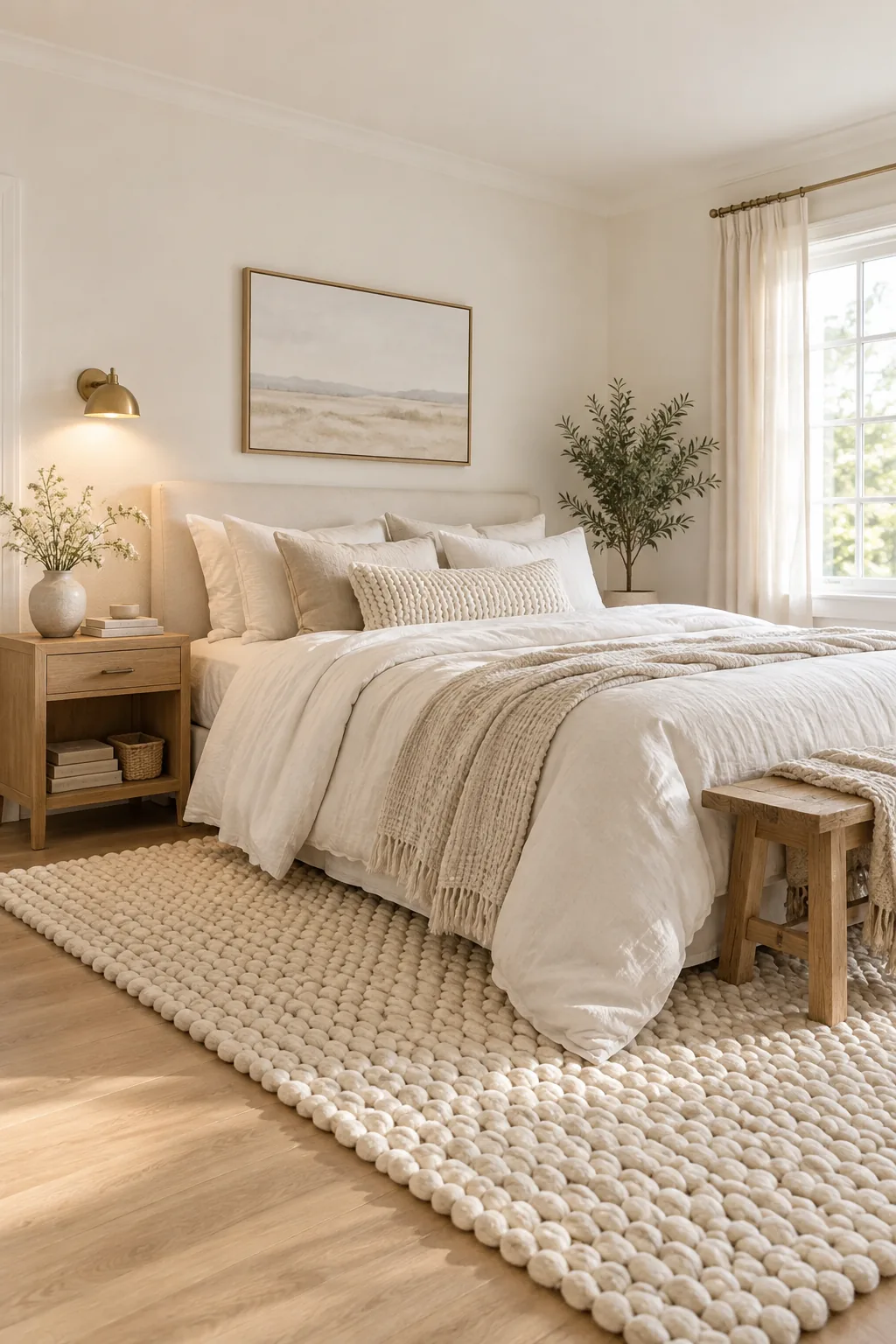 Thick braided wool rug extending past the edge of a white bed.