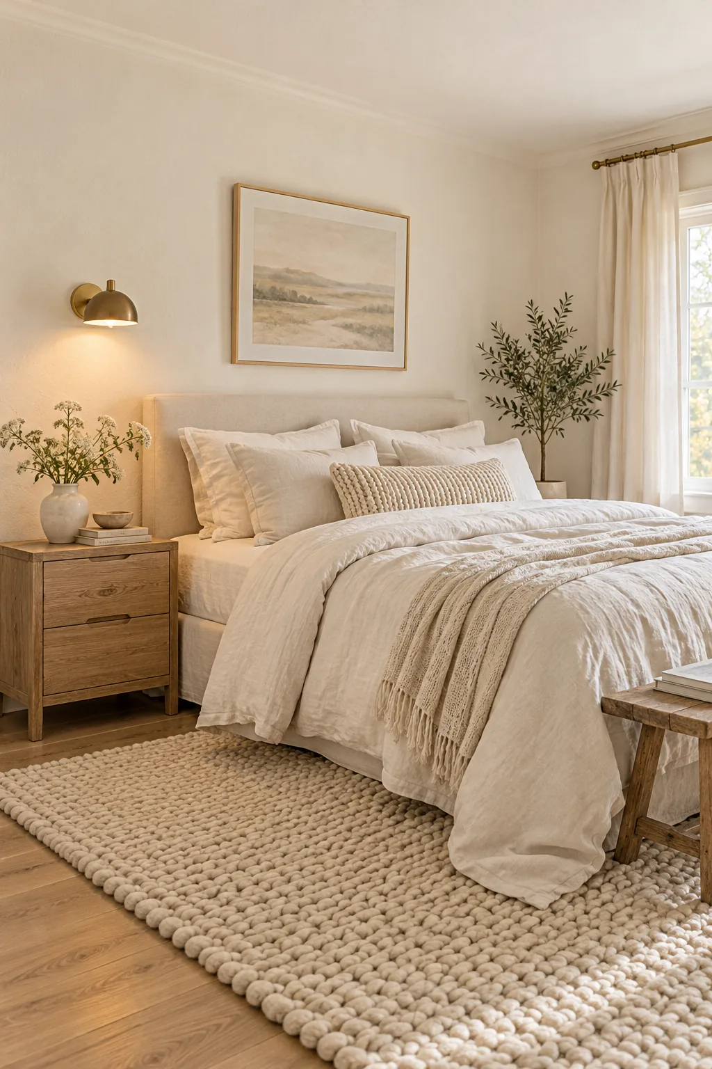 A serene white bedroom blending linen, oak, and warm lighting.