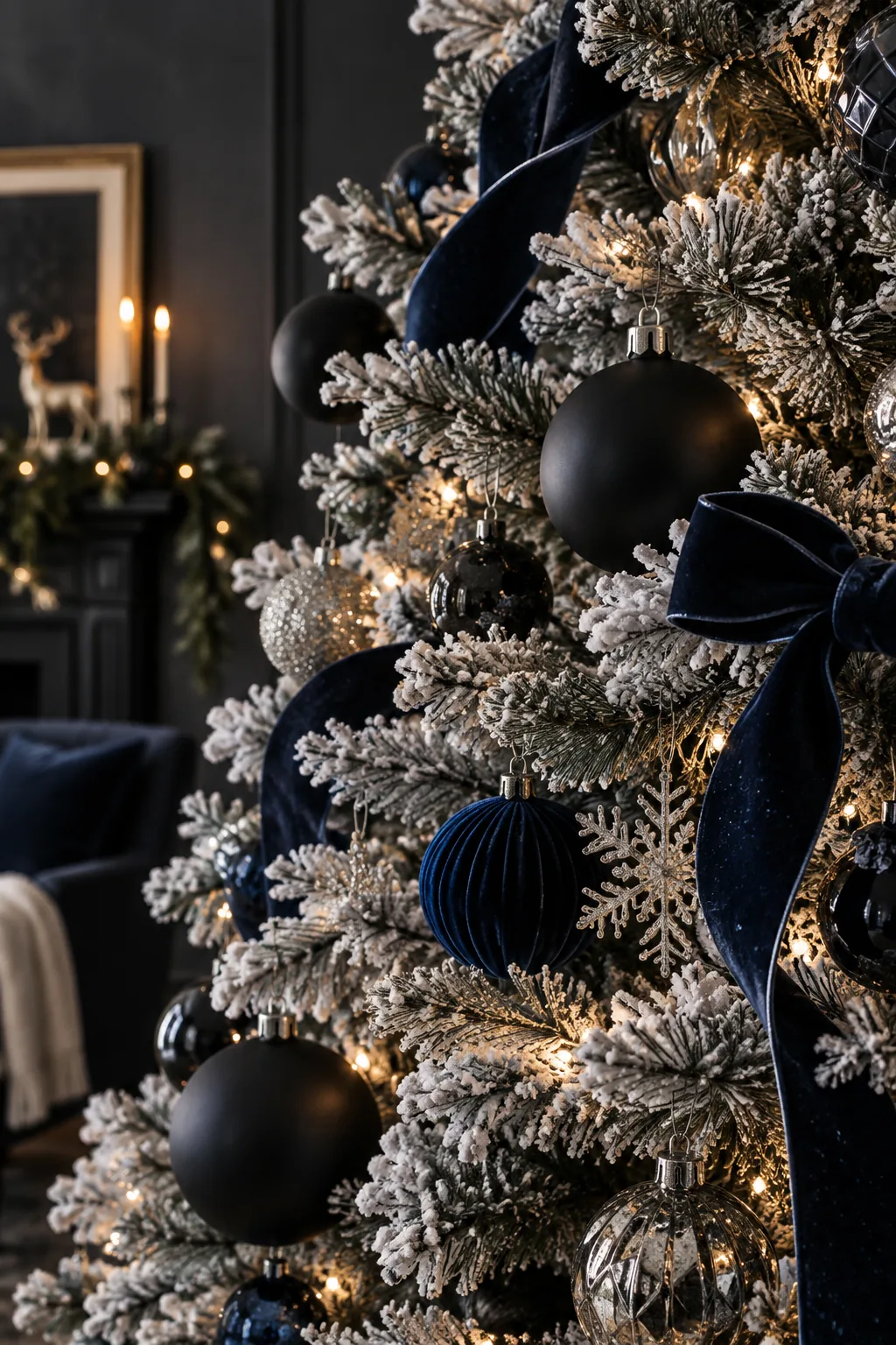 White Christmas tree decorated with black, navy blue, and silver ornaments