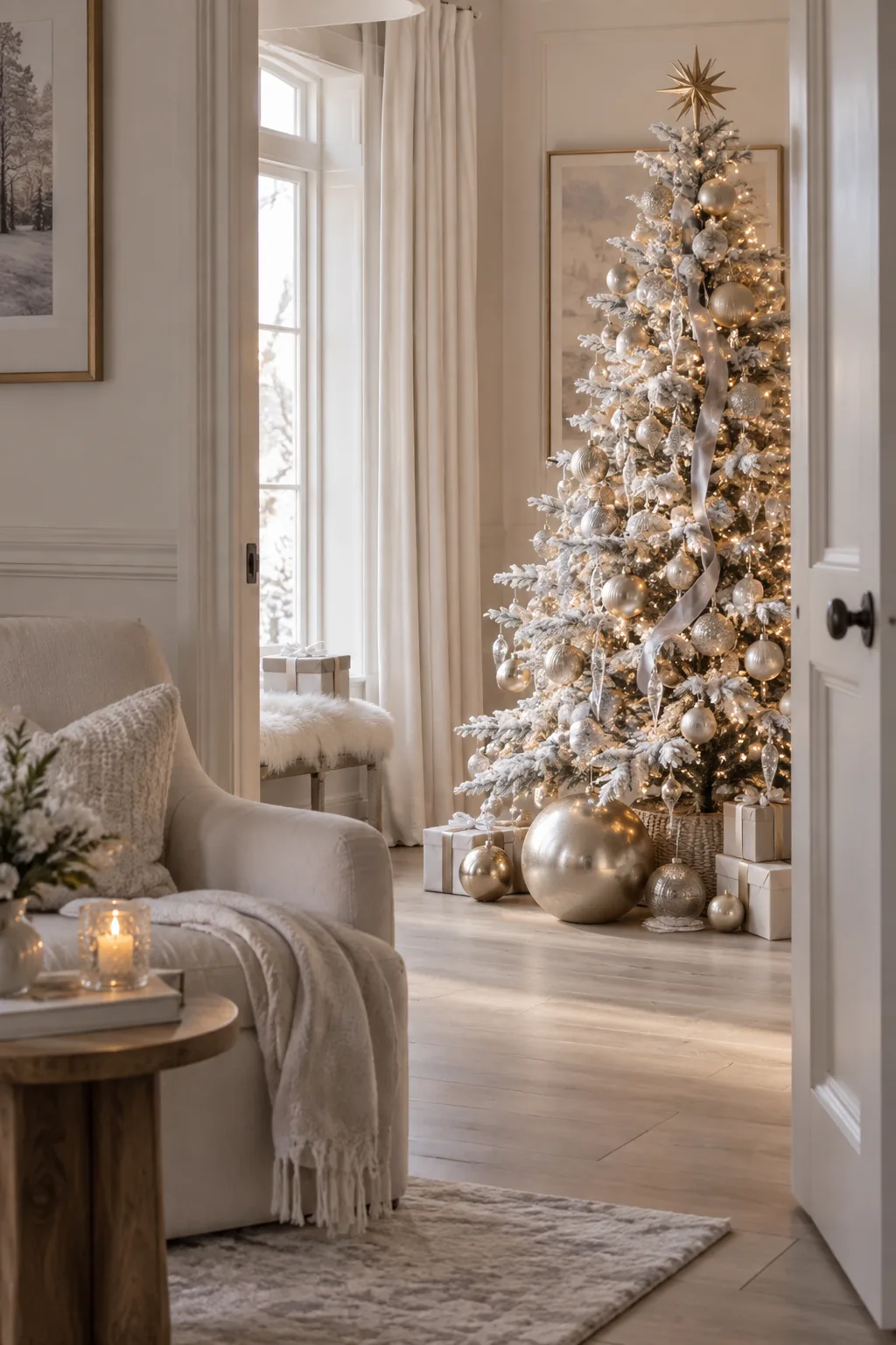 White Christmas tree glowing with silver and gold metallic ornaments
