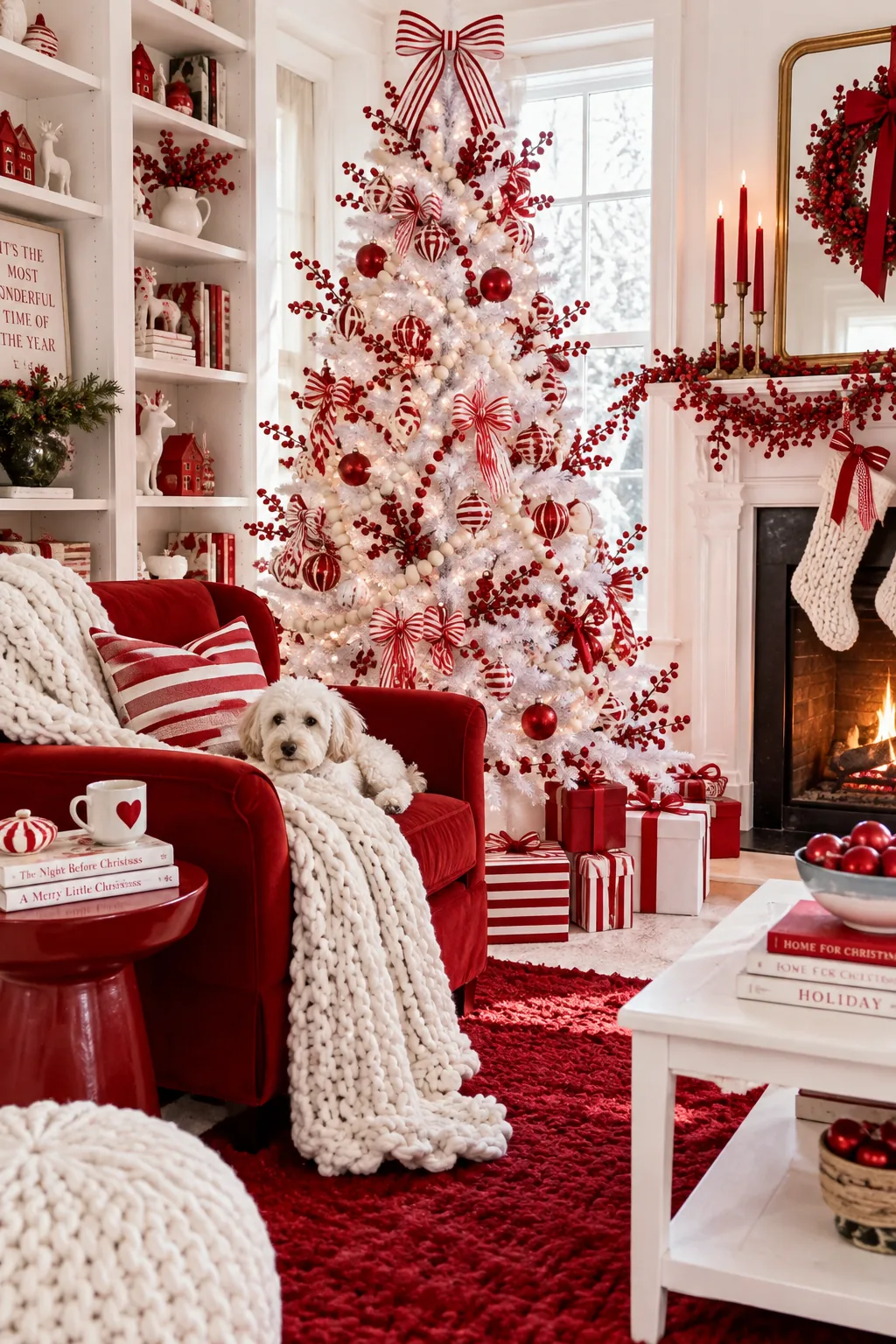 White Christmas tree decorated strictly with red and white ornaments and berry picks