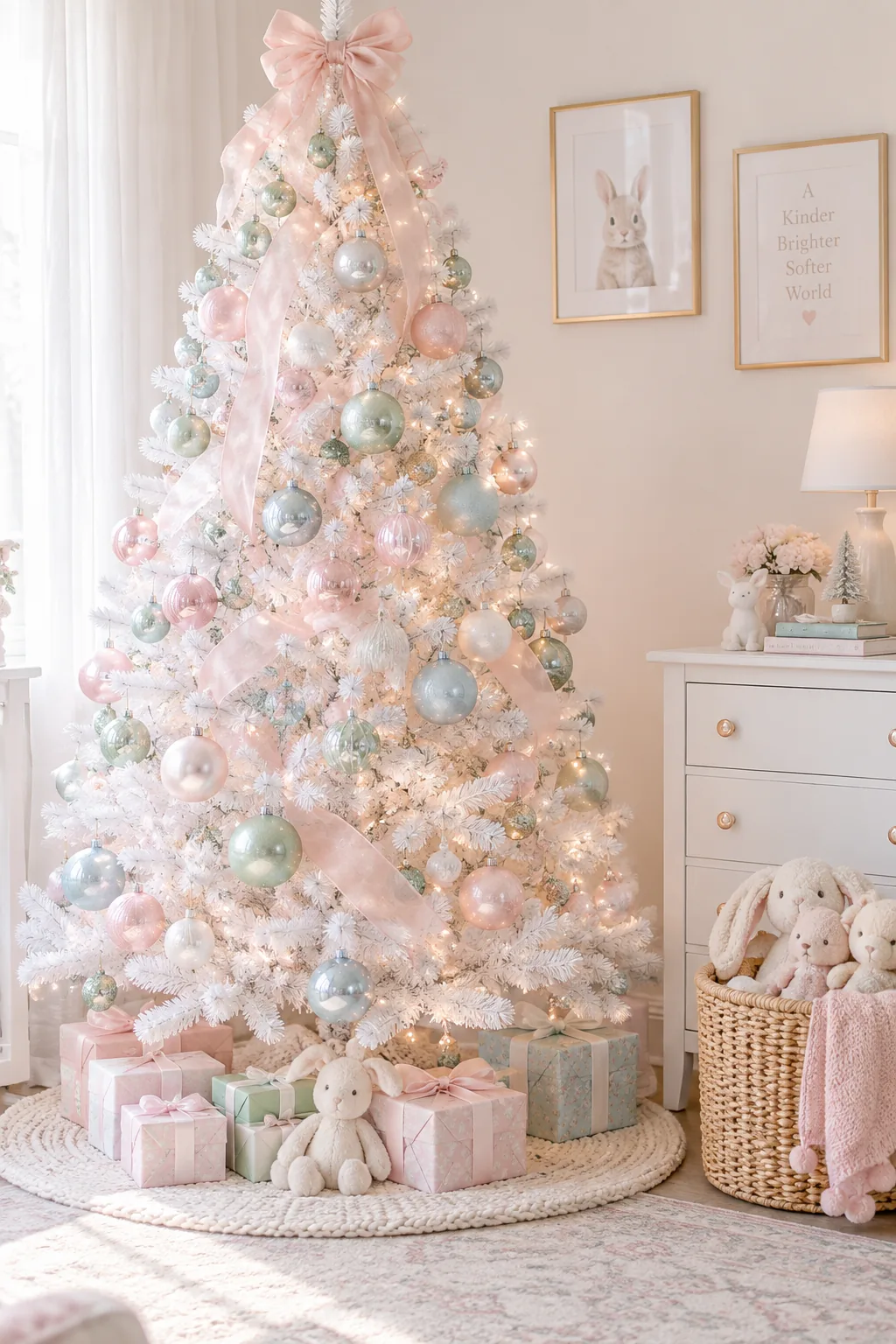 White Christmas tree styled with blush pink, mint green, and baby blue ornaments