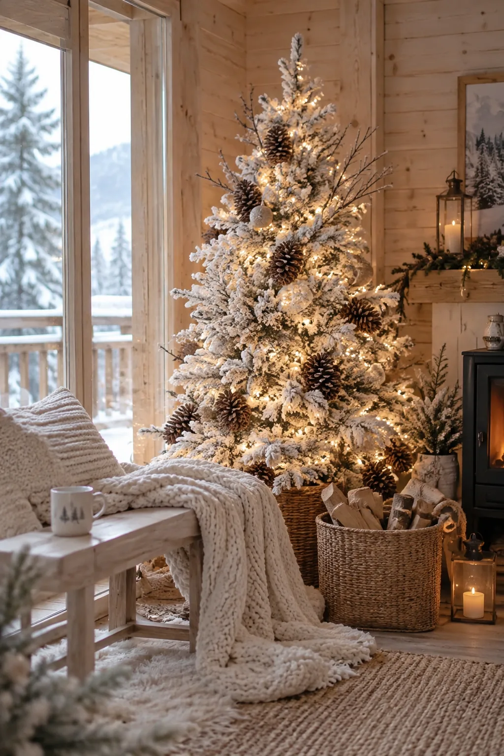 White Christmas tree decorated with burlap ribbon, wooden stars, and large pinecones