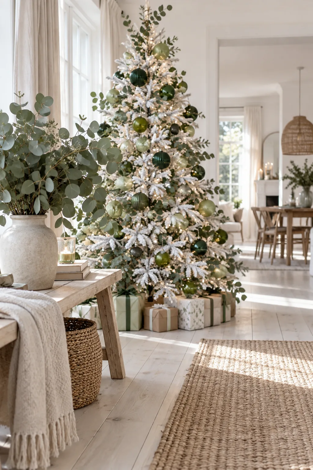 White Christmas tree featuring ornaments in emerald, chartreuse, and sage green