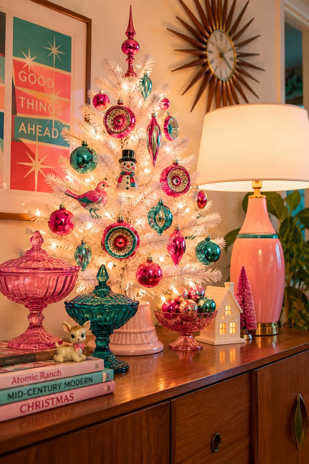 White Christmas tree covered in brightly colored retro and neon glass ornaments