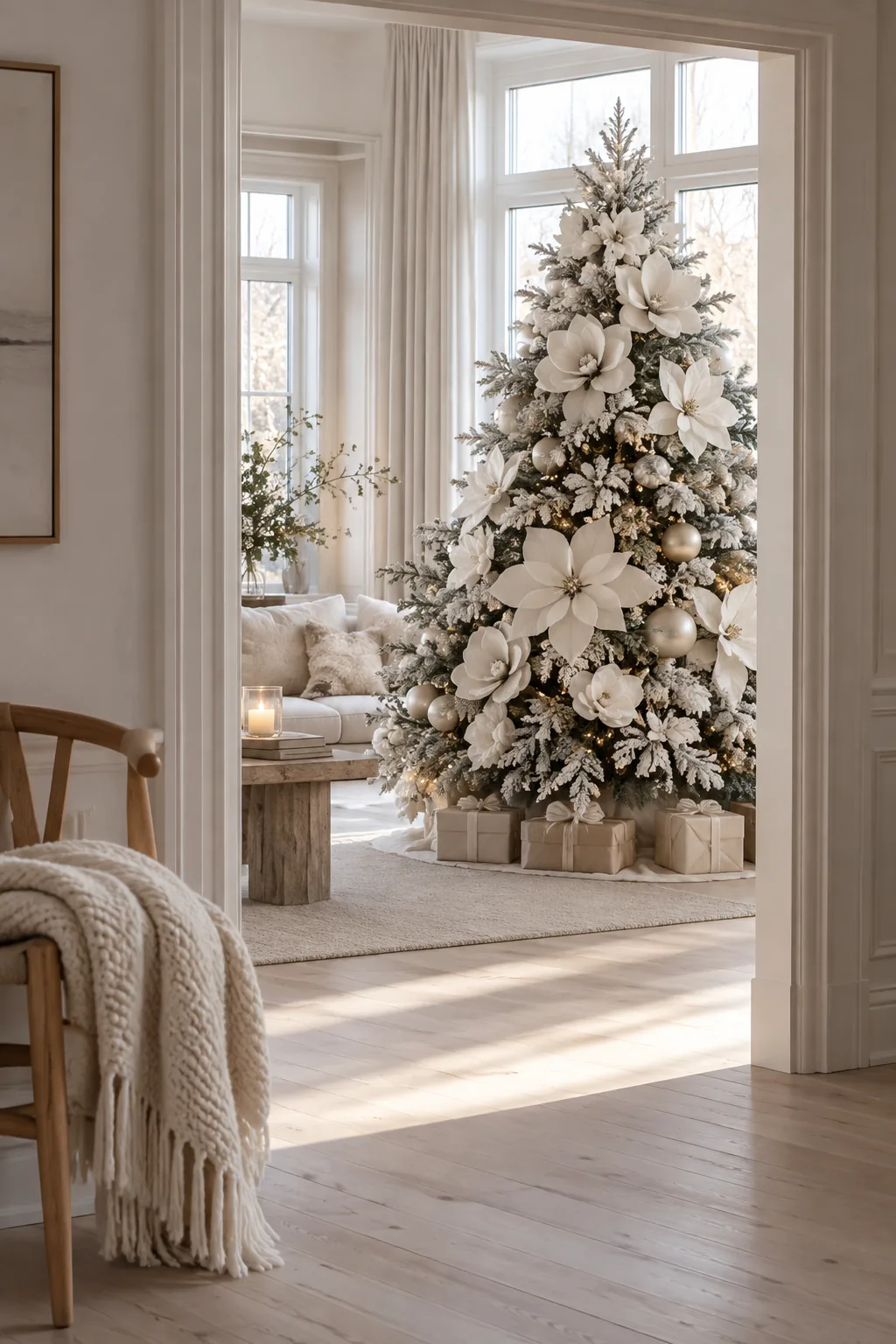 White Christmas tree stuffed with large white poinsettia and magnolia floral picks