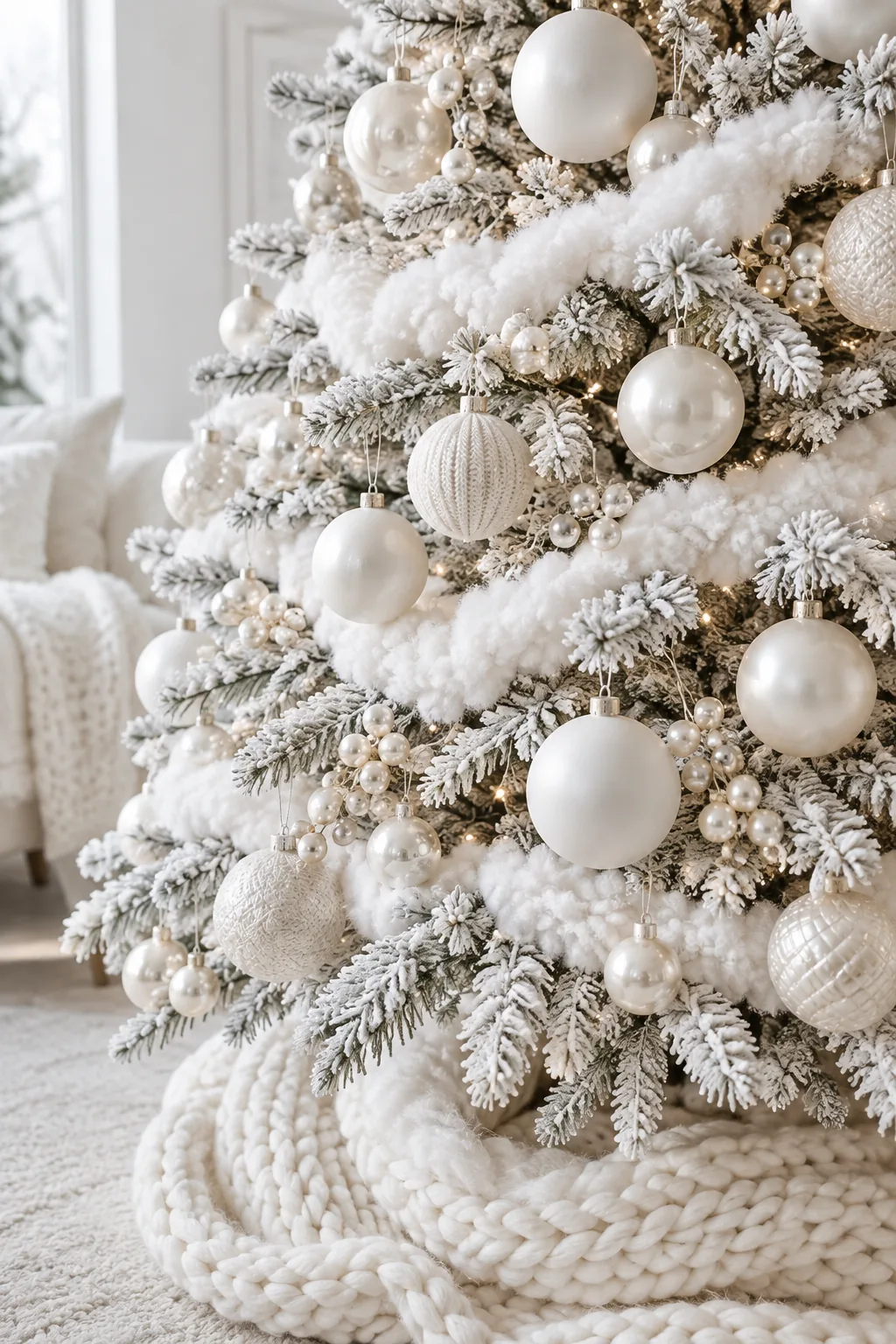 Monochromatic white Christmas tree with pearl, matte white, and textured white ornaments