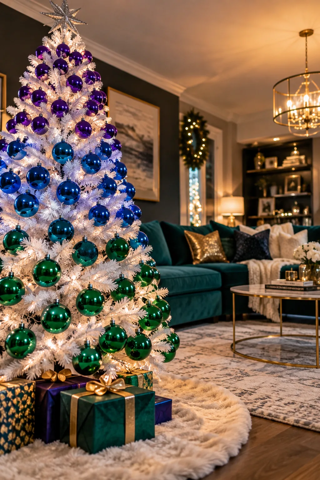 White Christmas tree with ornaments arranged in a gradient of purple, blue, and green