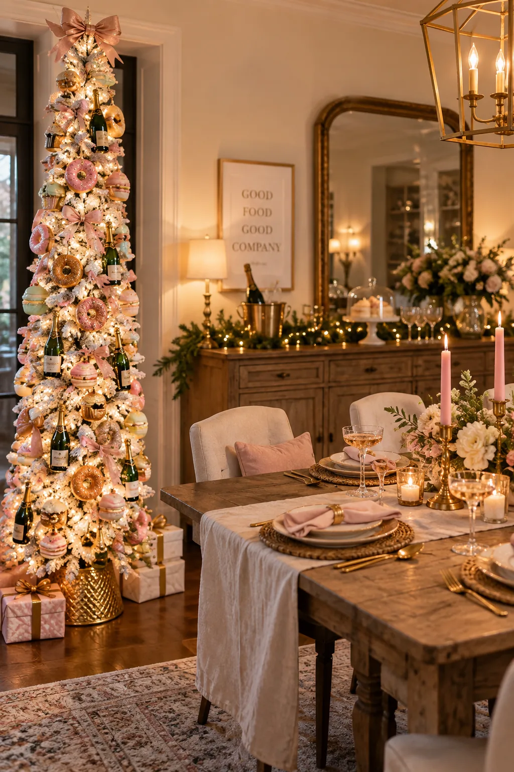 Slim white pencil tree decorated with glass food ornaments like donuts and macarons