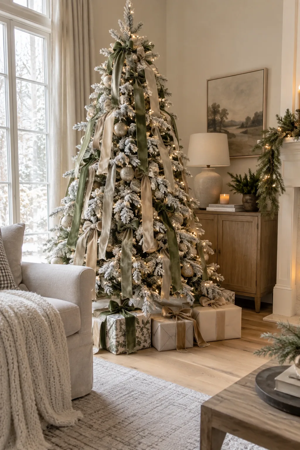 White Christmas tree featuring vertical strips of velvet ribbon draped down the branches