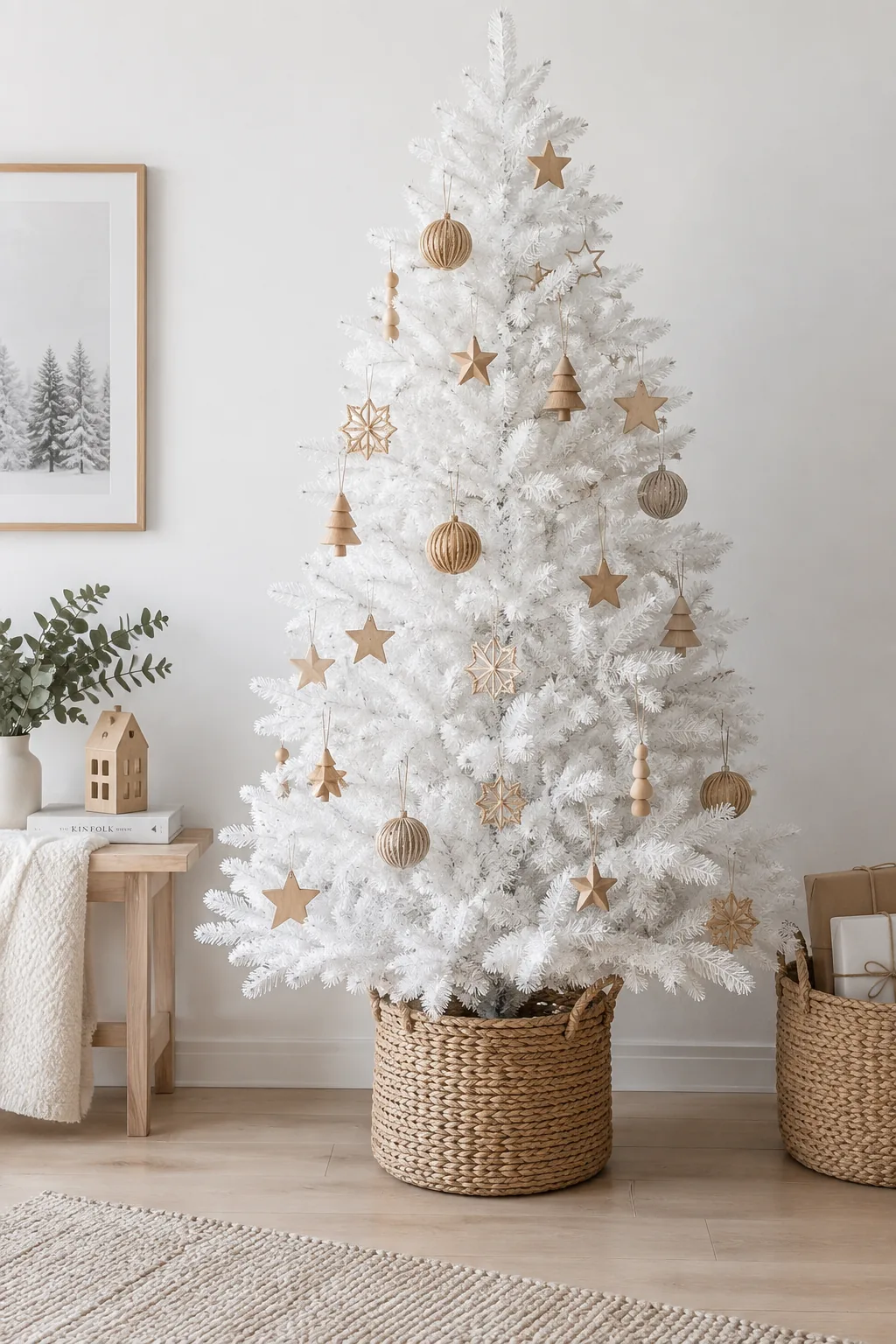 Sparsely decorated white Christmas tree with wooden stars in a seagrass basket