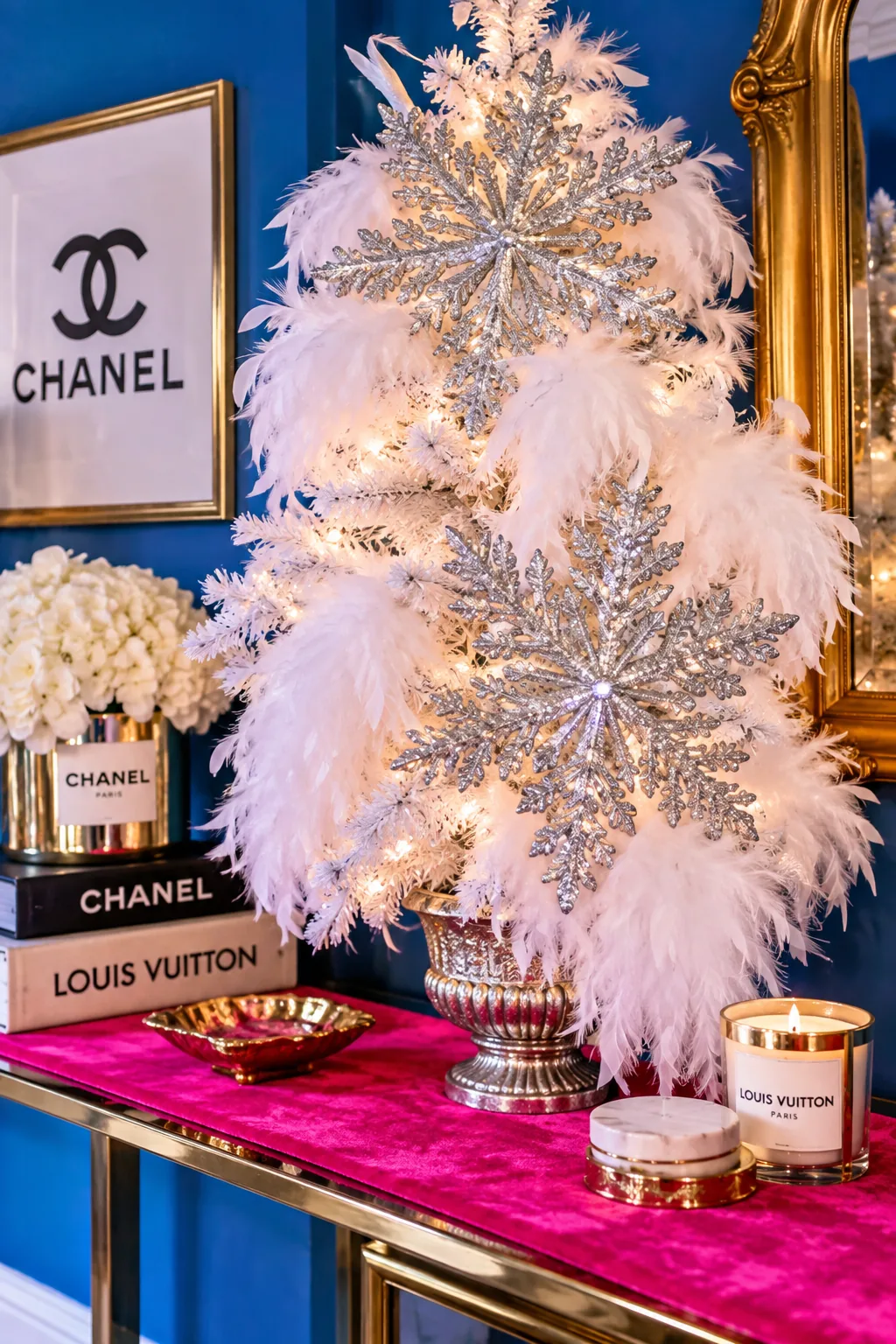 White Christmas tree decorated with large white feather boas and oversized glitter snowflakes