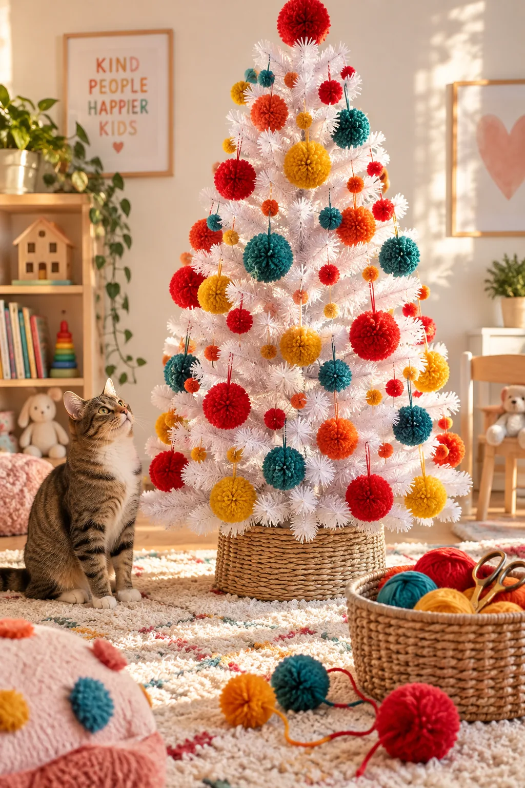 White Christmas tree covered in bright, colorful yarn pom-poms