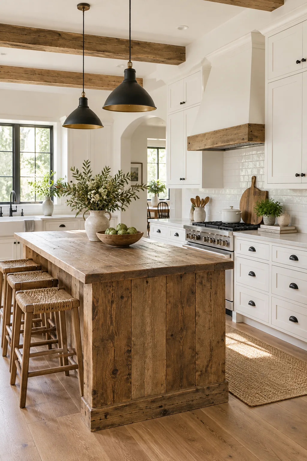 Modern farmhouse kitchen with matte white cabinets and black hardware.