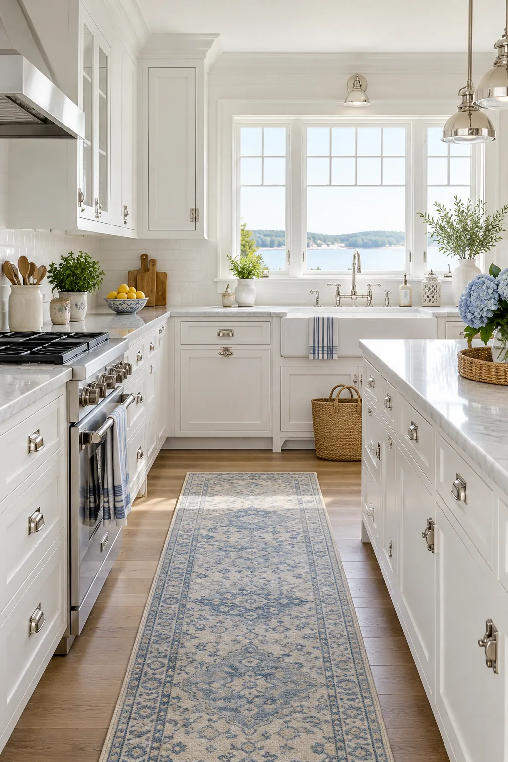 Coastal kitchen with bright white cabinets and polished nickel latches.