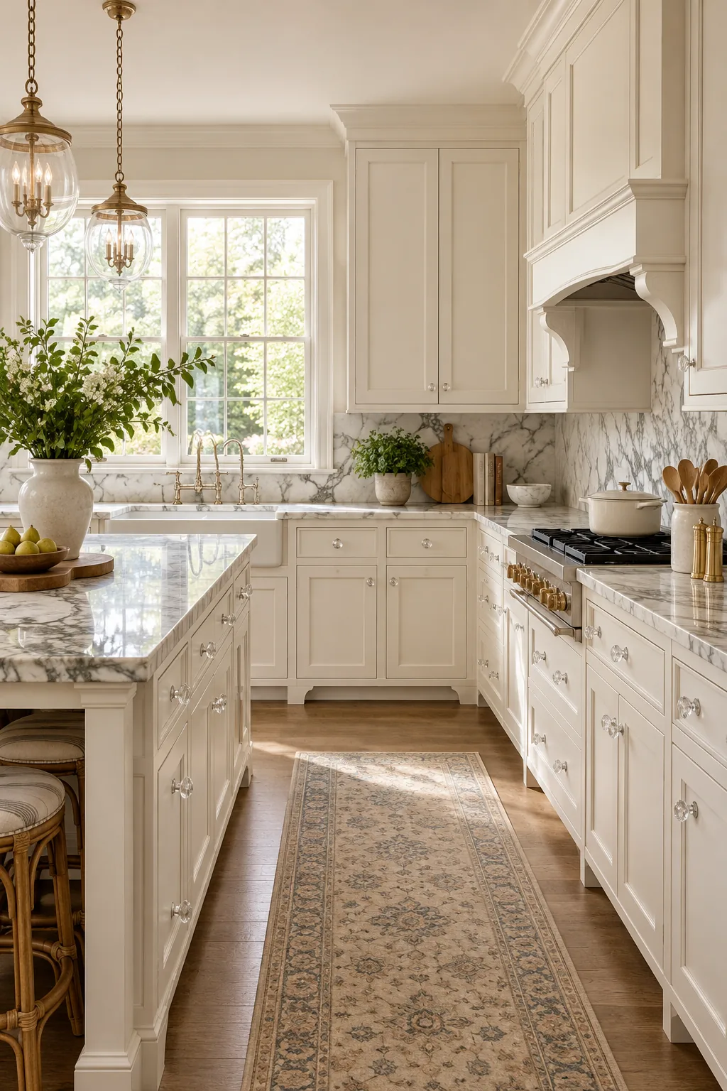 Traditional kitchen with creamy white cabinets and crystal knobs.