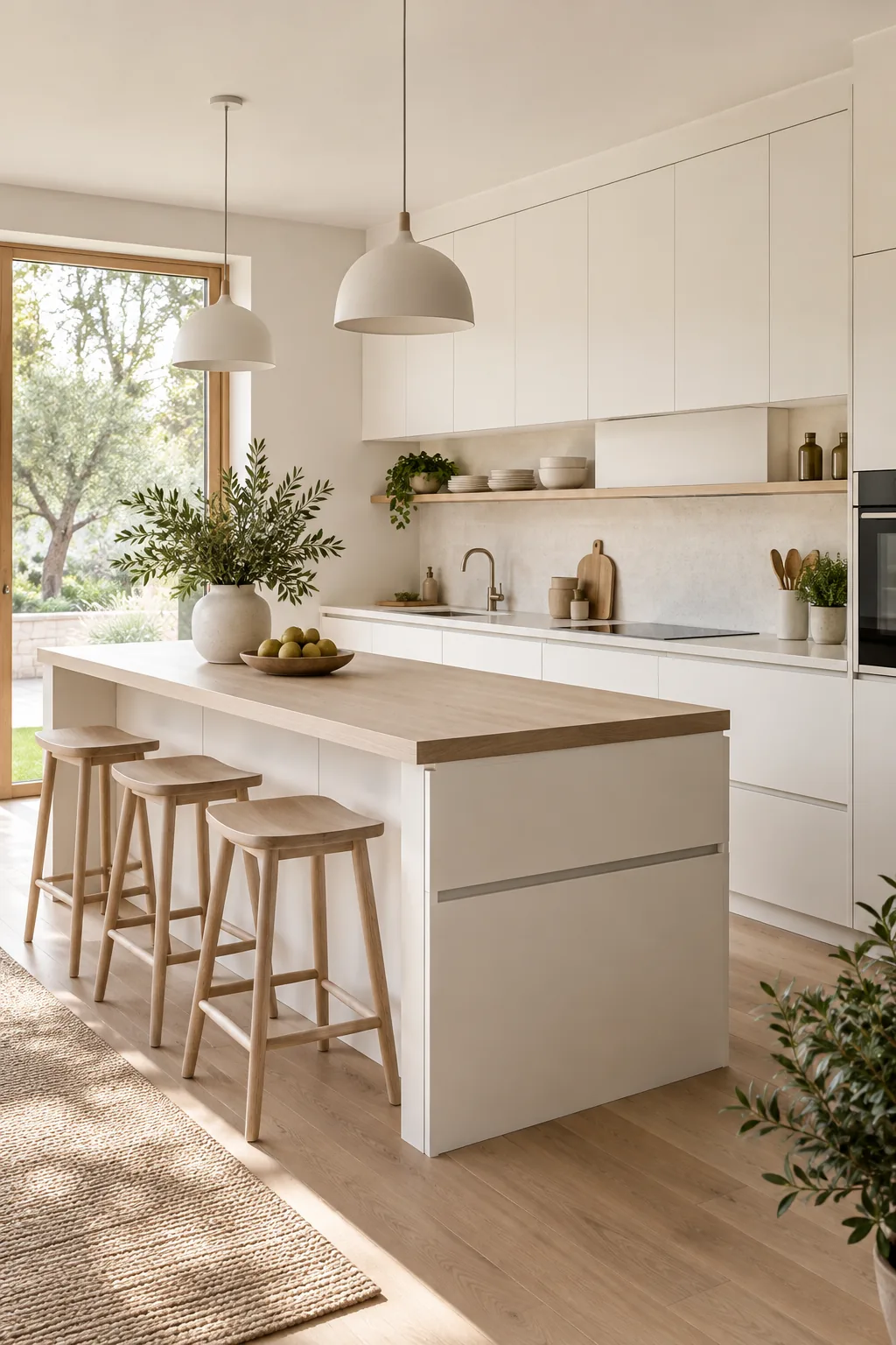 Scandinavian kitchen with flat-panel white cabinets and ash wood details.