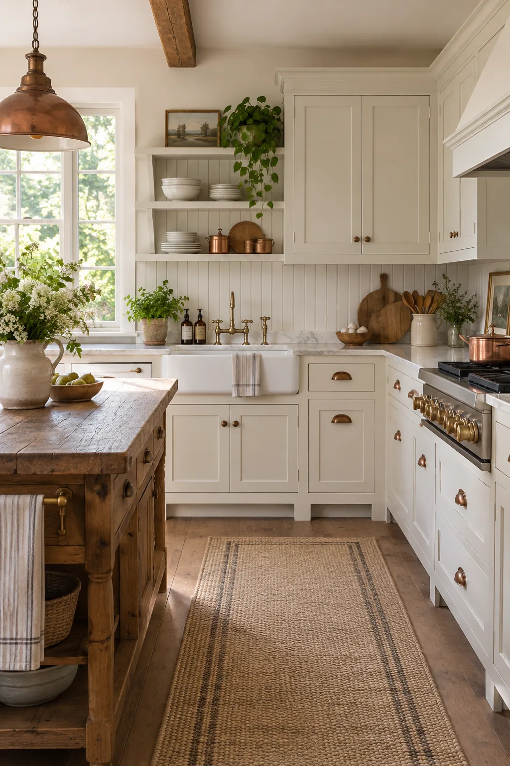 English cottage kitchen with soft white cabinets and copper hardware.