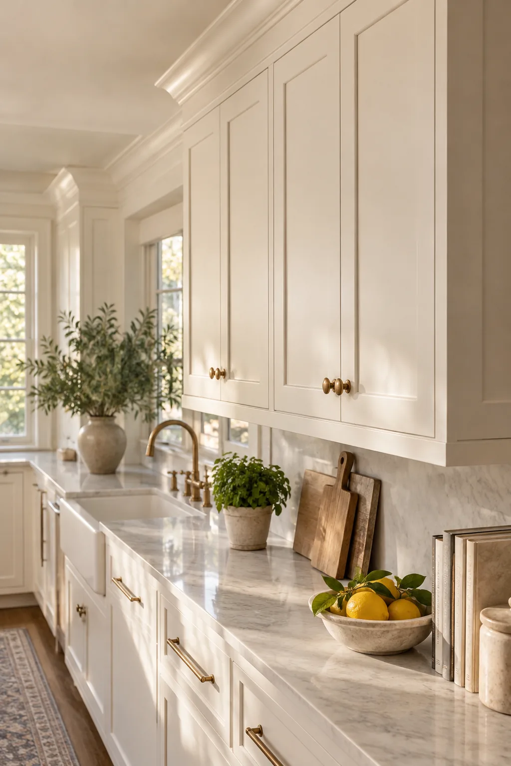 Upper white kitchen cabinets glowing in warm natural sunlight.
