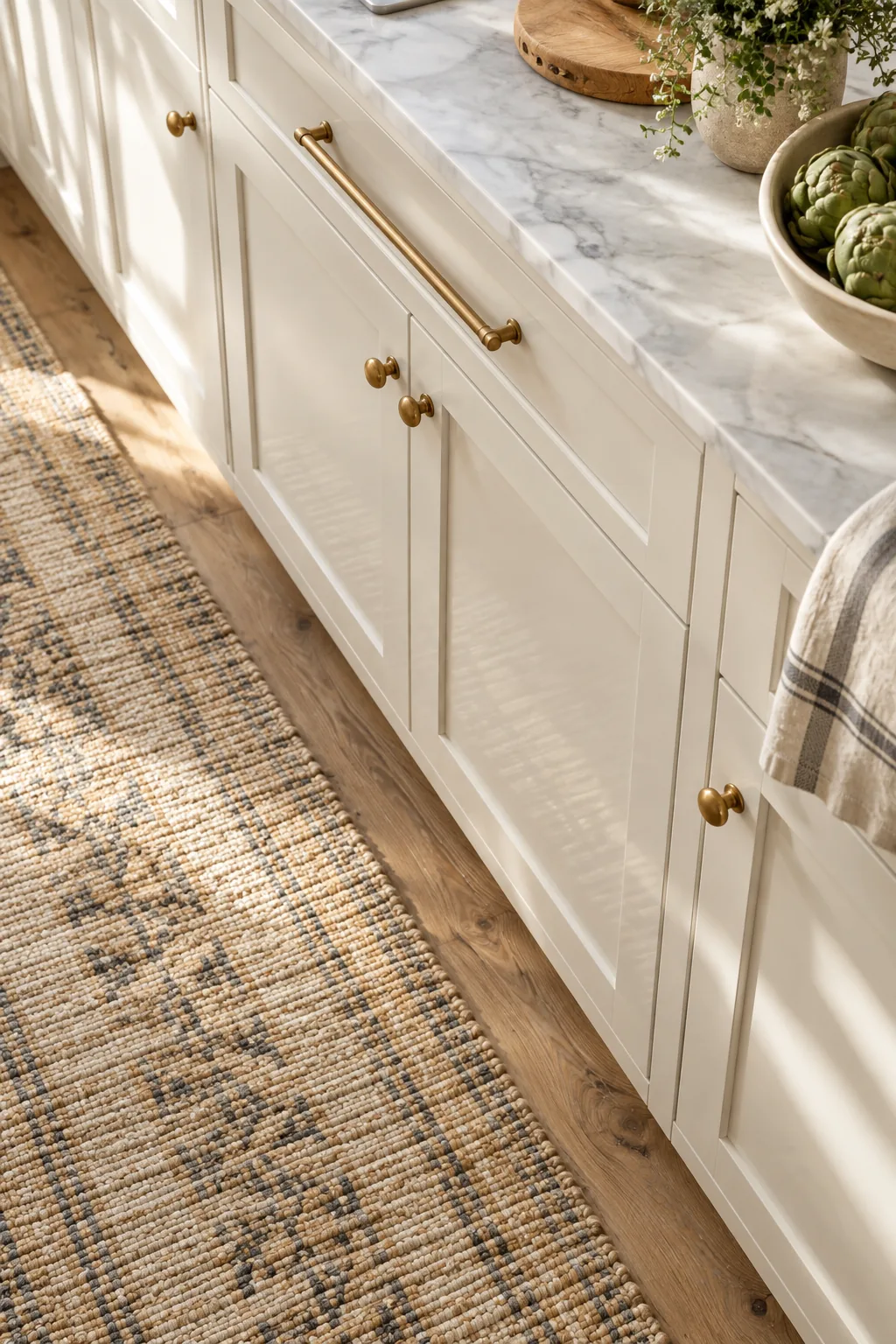 Lower white kitchen cabinets with a subtle satin sheen reflecting the floor.